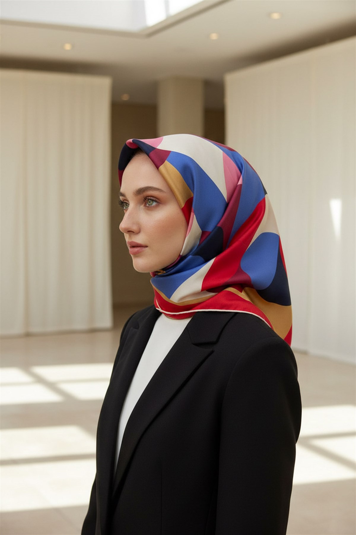 %100 Twill Renk Bloklu Çizgili Desenli Kırmızı - Lacivert Renkli 90x90 Eşarp Dikim Şekli: El Dikişii