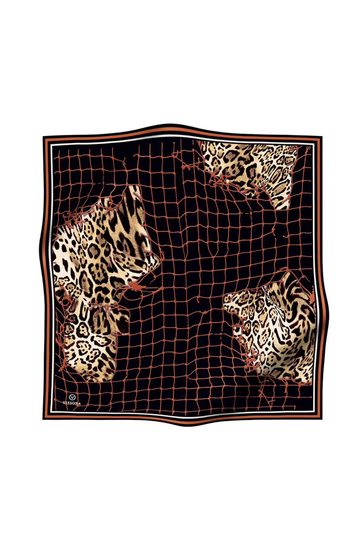 %100 Twill İpek Leopar Desenli Siyah - Taba Renkli 90x90 Eşarp Dikim Şekli : El Dikişi