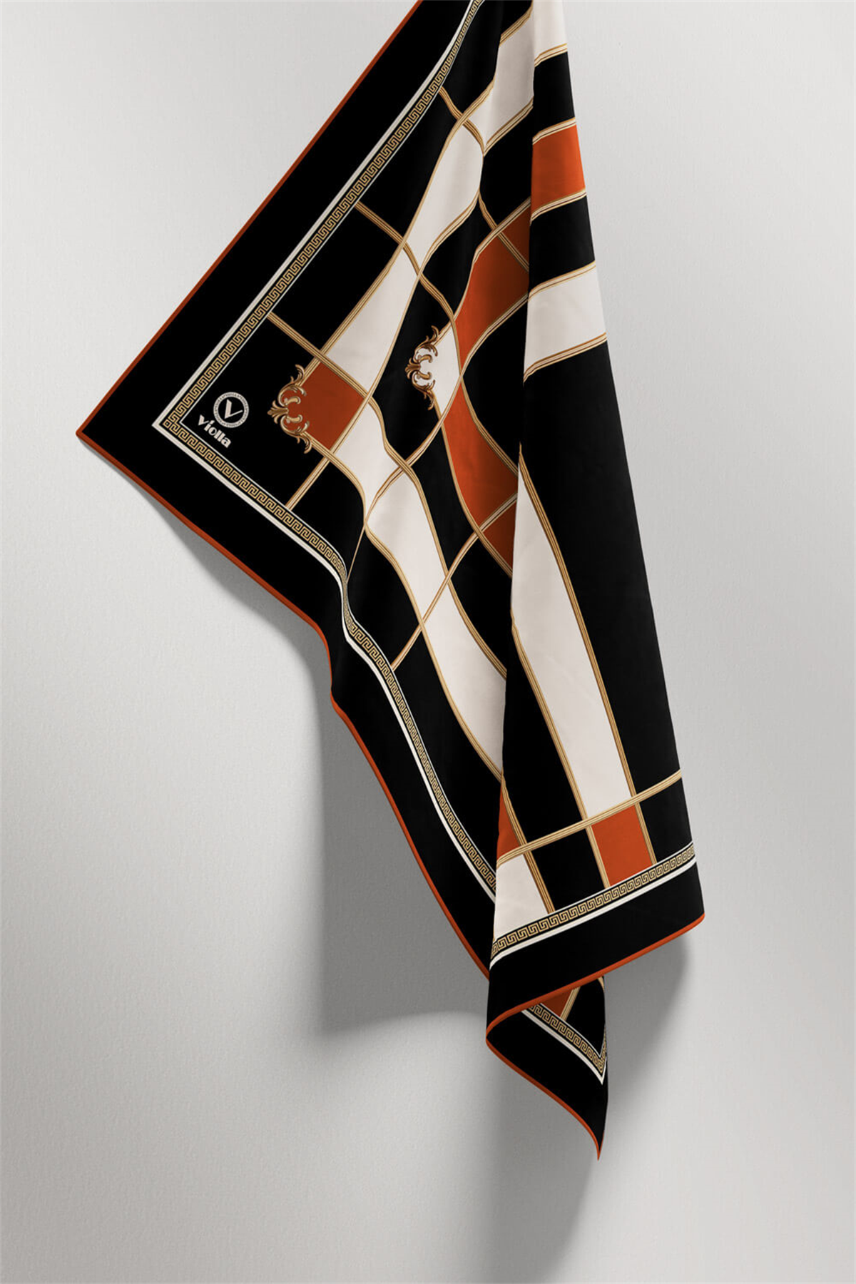 Twill Gold Detaylı Kareli Desenli Taba Renkli 90x90 Eşarp (İpek İçermez) Kenar Dikiş Şekli El Dikişli