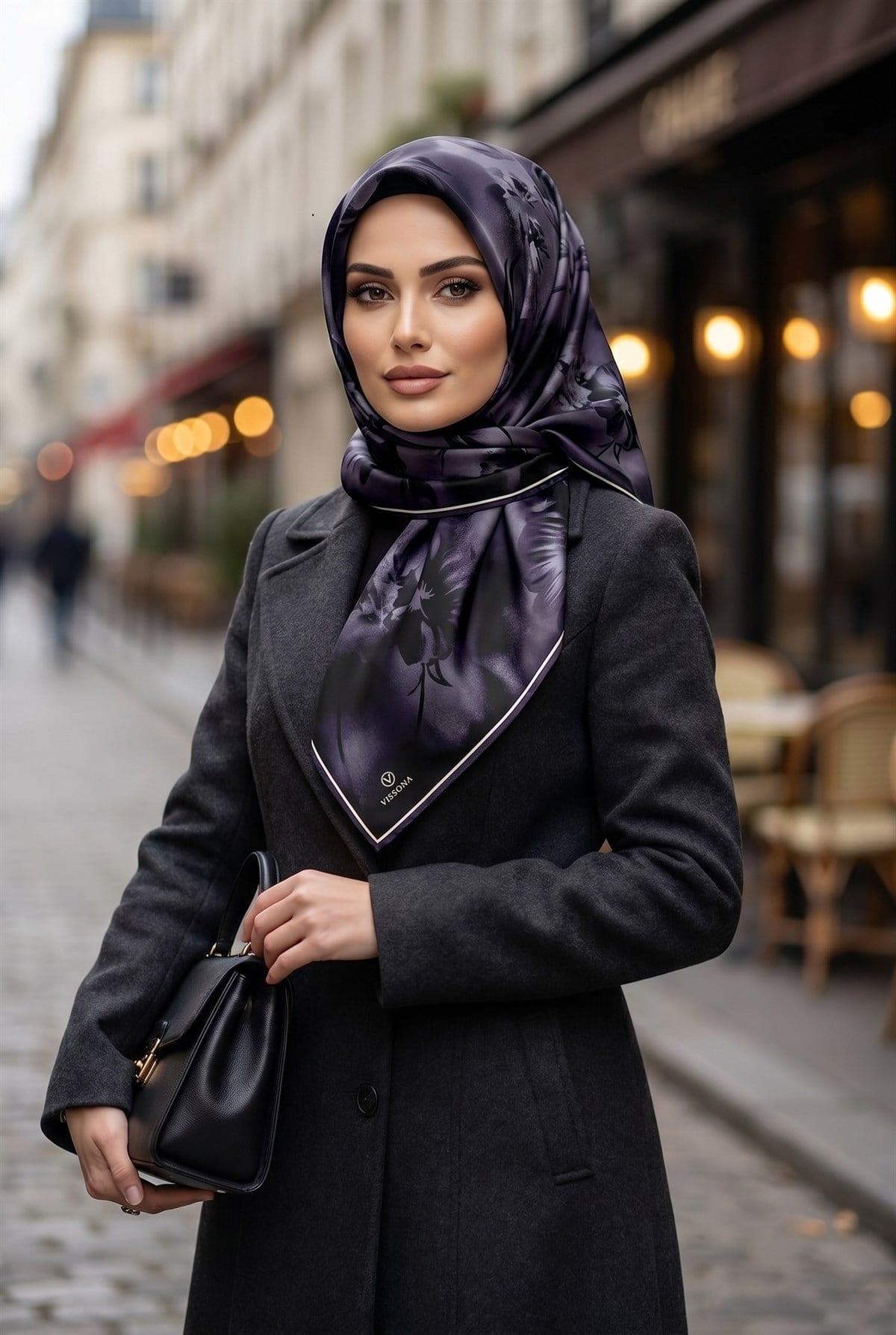 100% Twill İpek Çiçek Desenli Füme Renkli 90x90 Dikim Şekli : El Dikişi Eşarp