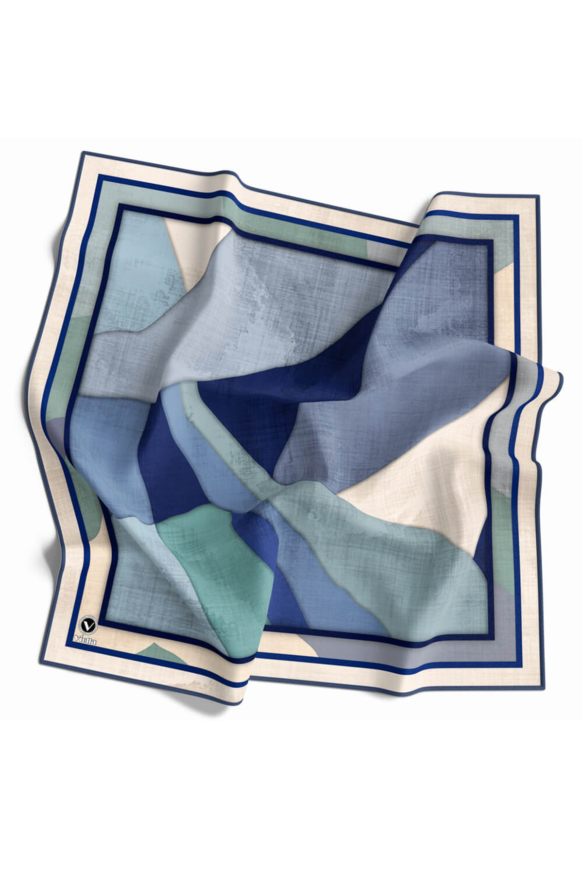 Twill Geometrik Desenli İndigo Renkli 90x90 Eşarp (İpek İçermez) Kenar Dikiş Şekli El Dikişli