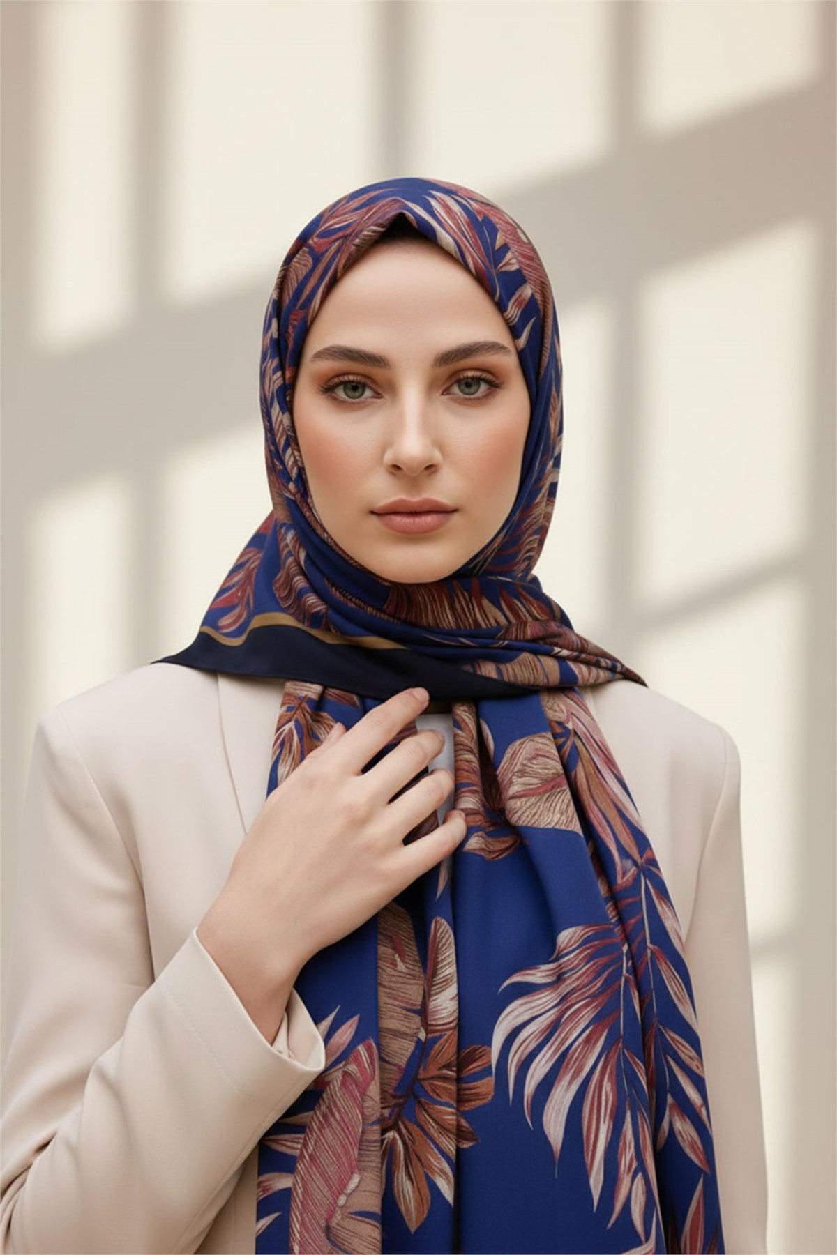 KREP YAPRAK DESENLİ LACİVERT - BORDO RENKLİ 75X195 KIRIŞMAZ ŞAL