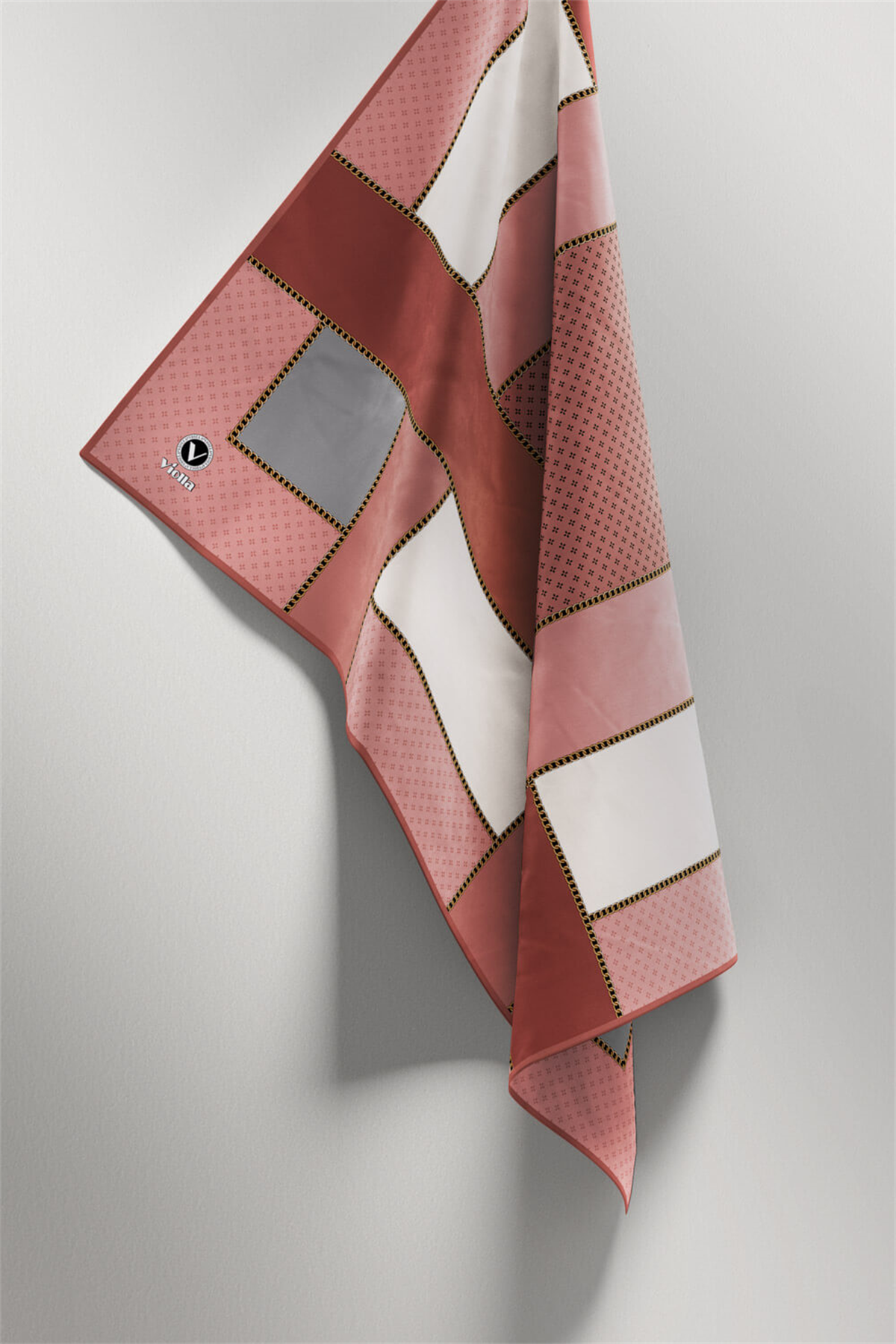 Twill Geometrik Desenli Pudra - Gri Renkli 90x90 Eşarp (İpek İçermez) Kenar Dikiş Şekli El Dikişli