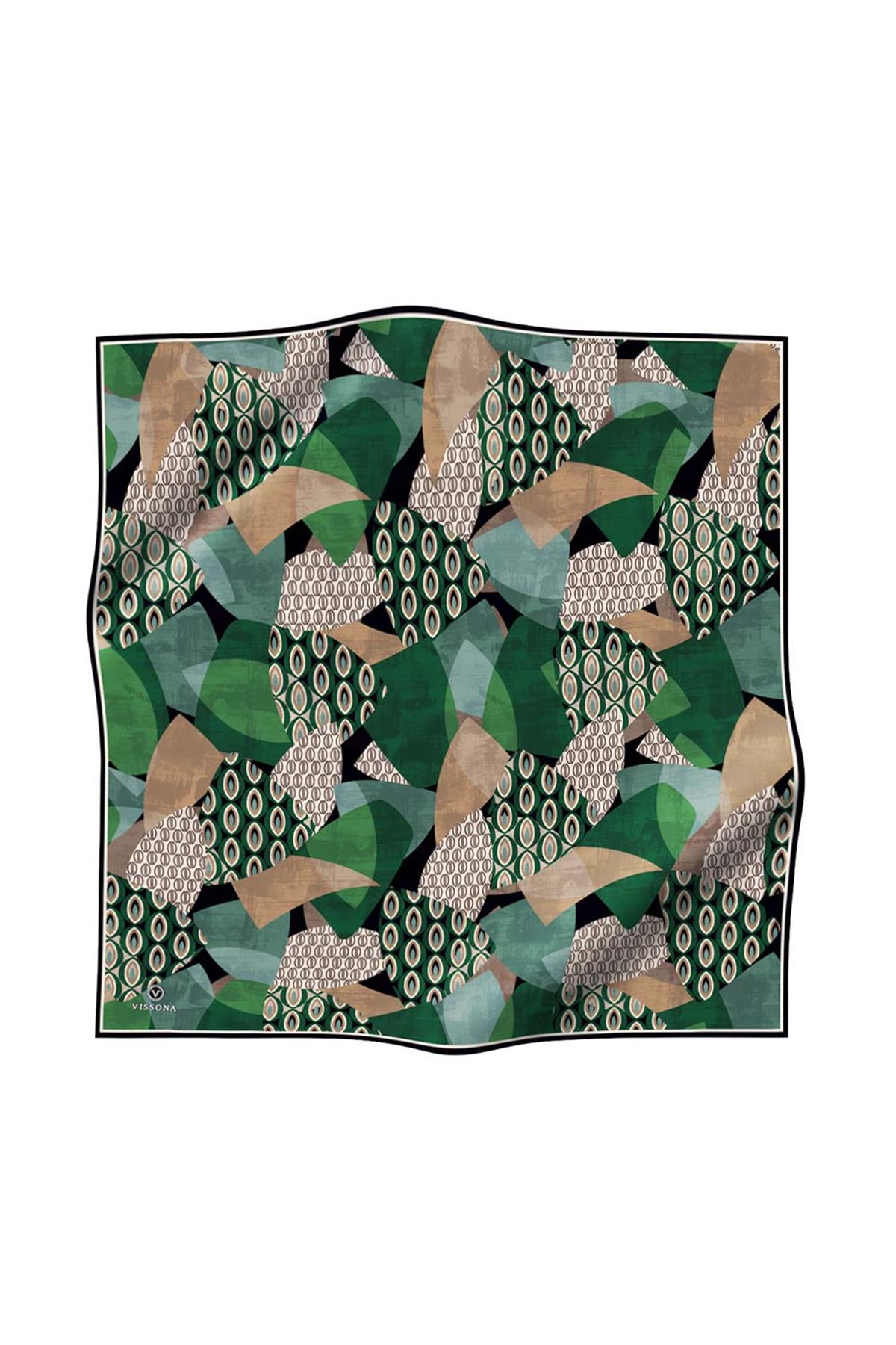 %100 Twill İpek Geometrik Desenli Zümrüt Yeşili - Bej Renkli 90x90 Eşarp Kenar Dikiş Şekli El Dikişli