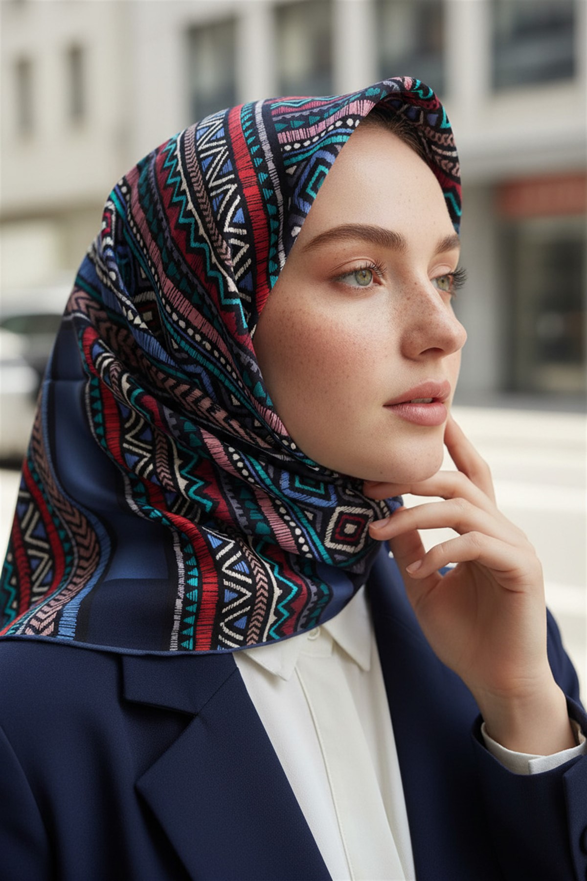 %100 Twill İpek Etnik Desenli İndigo - Bordo Renkli 90x90 Eşarp Dikim Şekli : El Dikişi