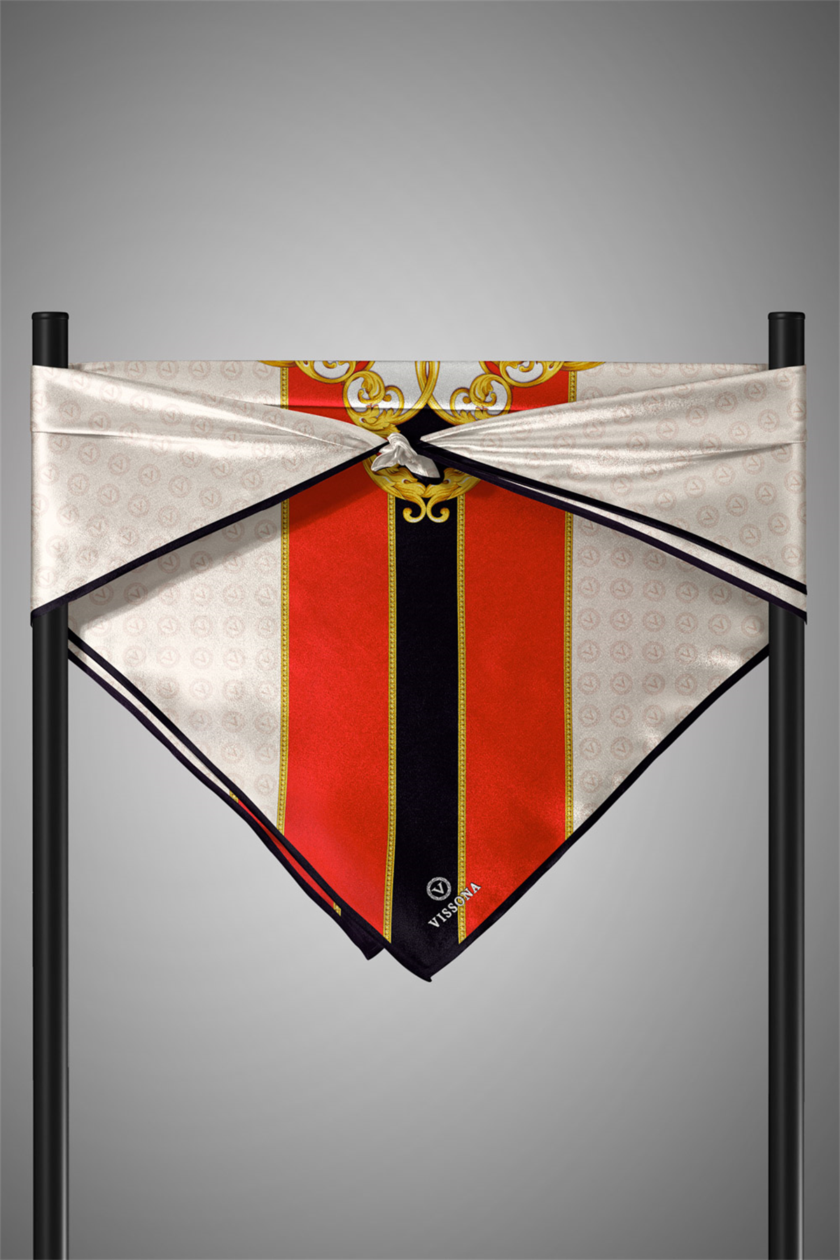 %100 Twill İpek Monogram Ve Barok Desenli Kırmızı - Krem Renkli 90x90 Eşarp Dikim Şekli : El Dikişi