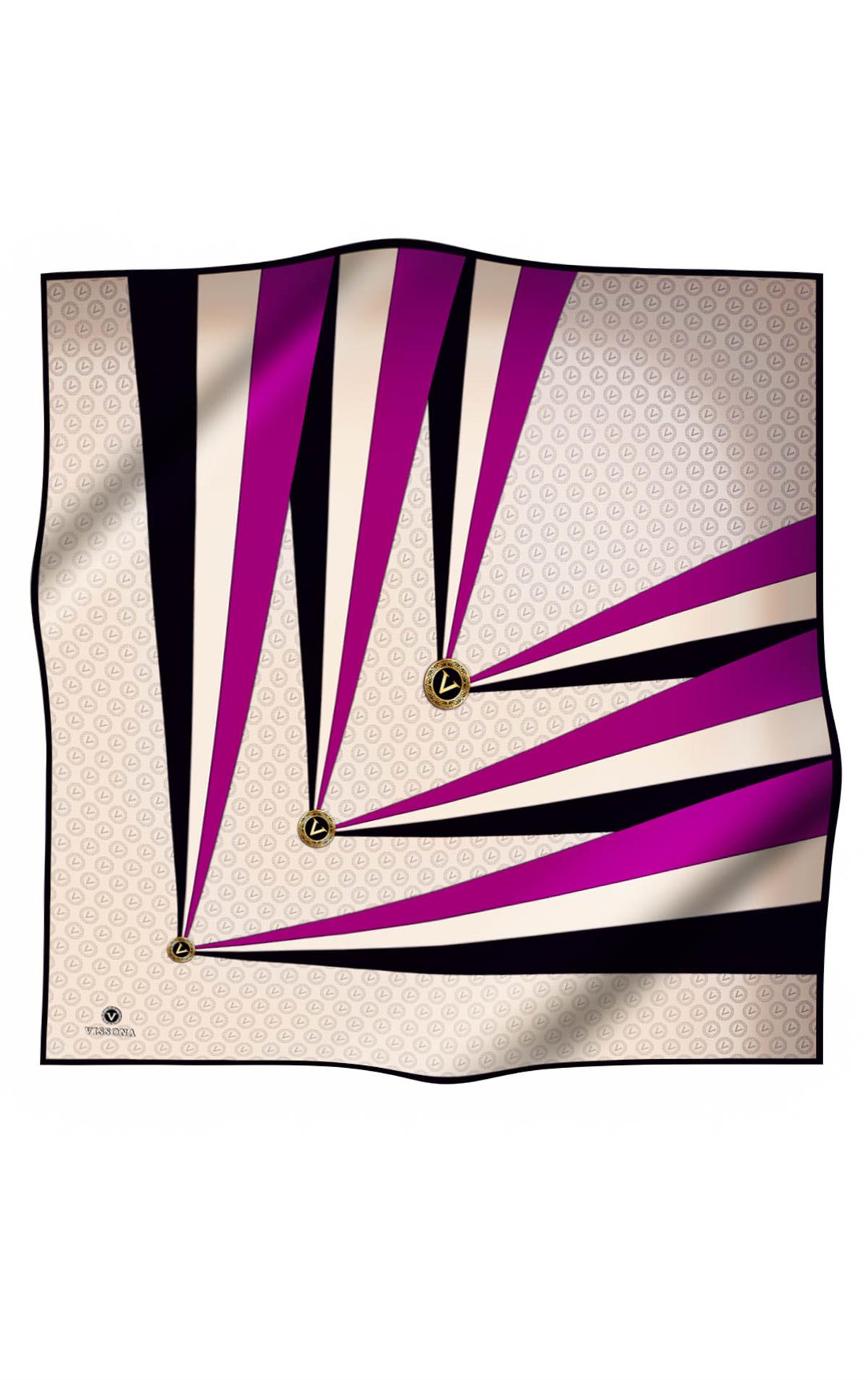 %100 Twill İpek Monogram Ve Geometrik Desenli Krem - Mürdüm Renkli 90x90 Eşarp Dikim Şekli : El Dikişi