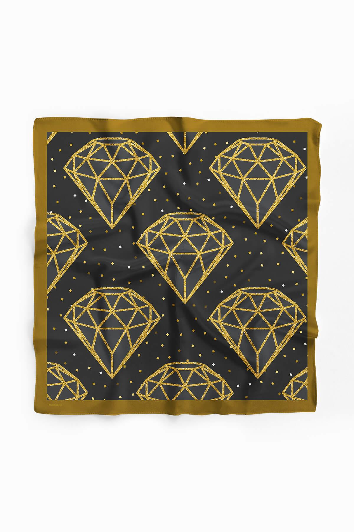 Y26 Kadın Pırlanta Desenli Bandana 50x50 Siyah Sarı DG0393-22