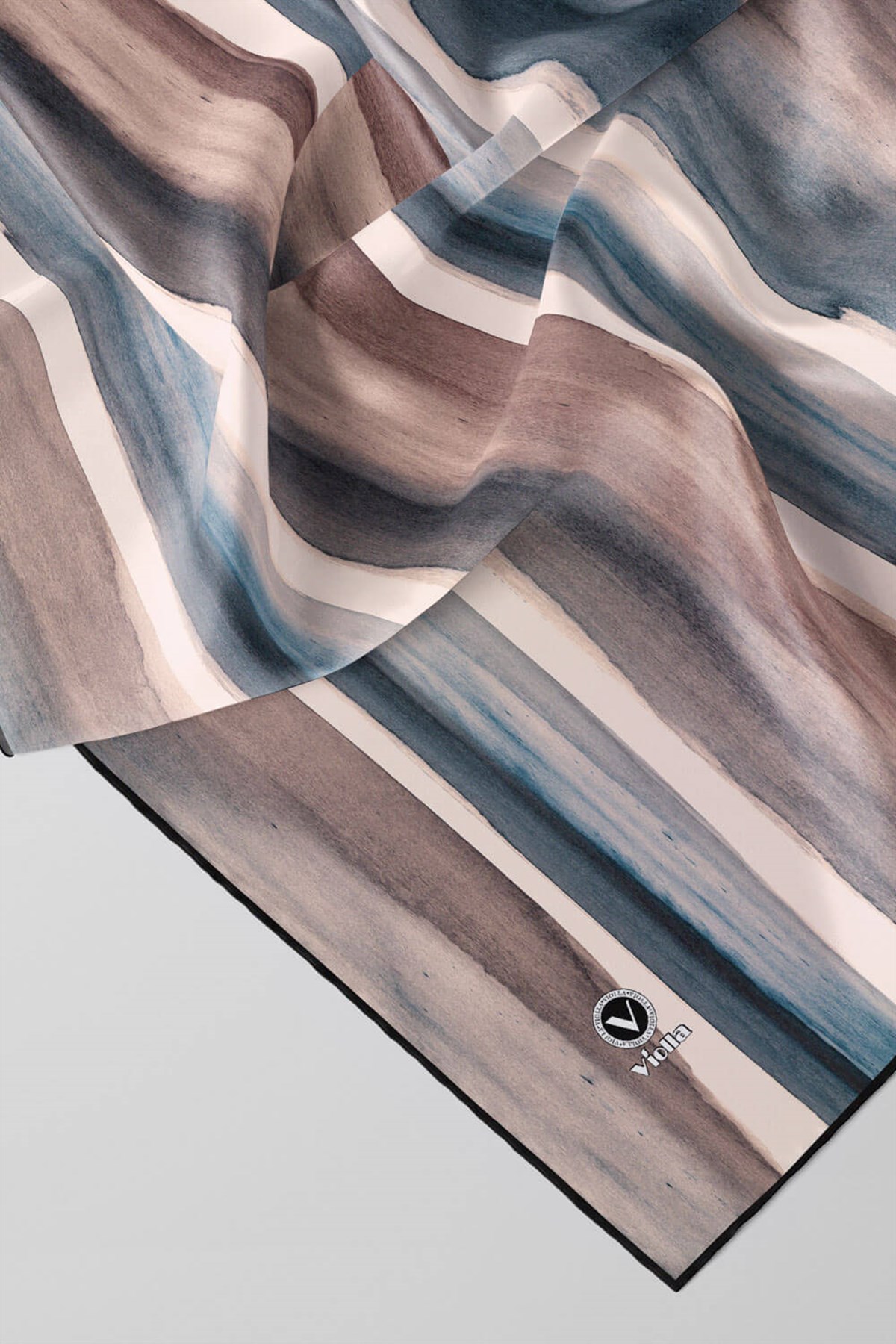 Twill Suluboya Çizgi Desenli Vizon Renkli 90x90 Eşarp (İpek İçermez) Kenar Dikiş Şekli El Dikişli