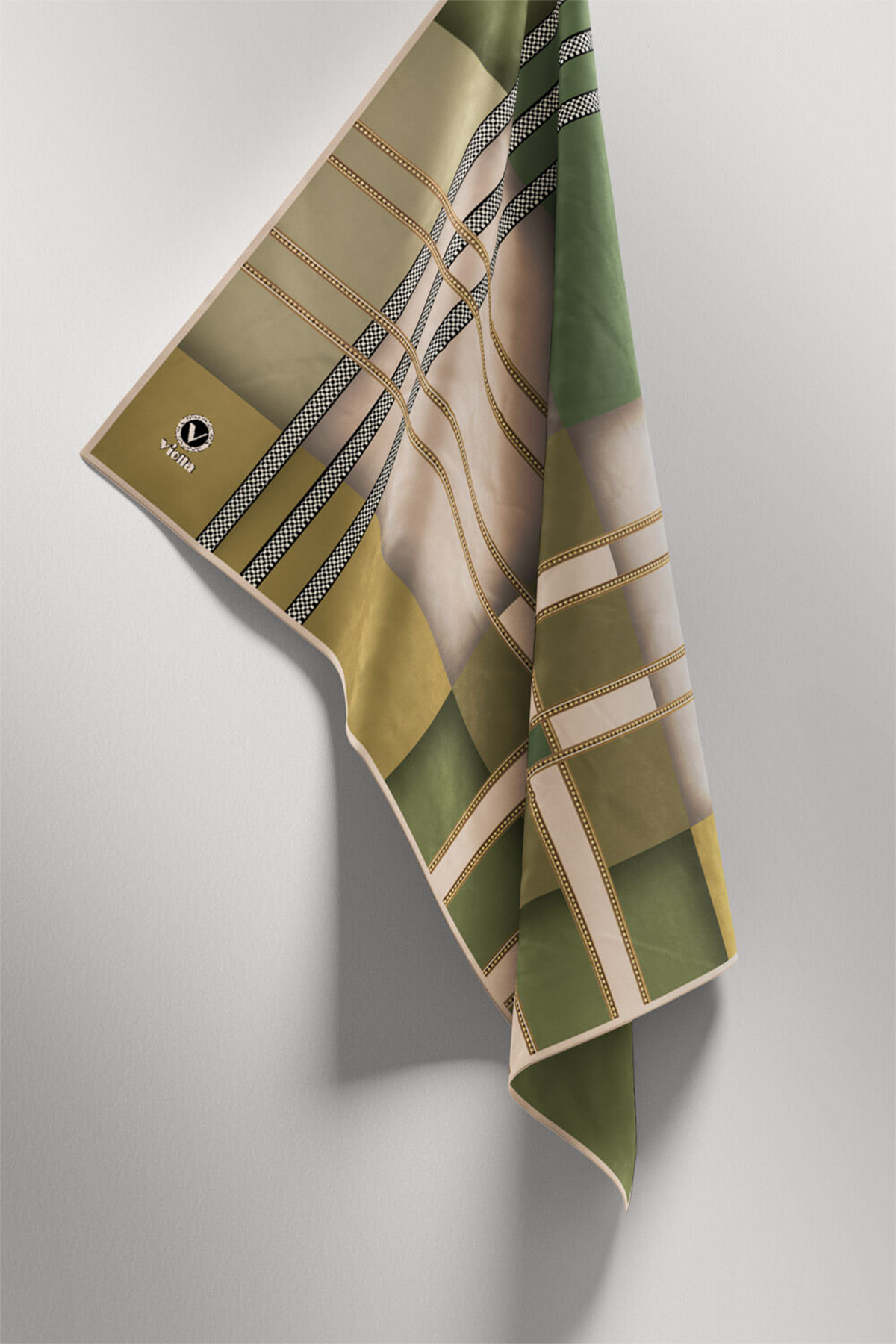 Twill Geometrik Desenli Zümrüt Yeşili - Haki Yeşili Renkli 90x90 Eşarp (İpek İçermez) Kenar Dikiş Şekli El Dikişli