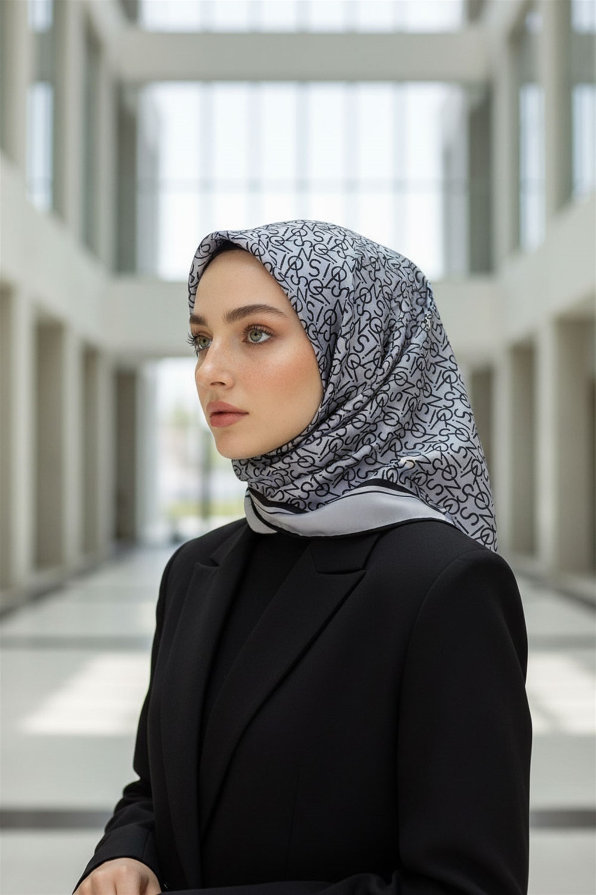 %100 Twill İpek Harf Desenli Gri - Siyah Renkli 90x90 Eşarp Dikim Şekli : El Dikişi