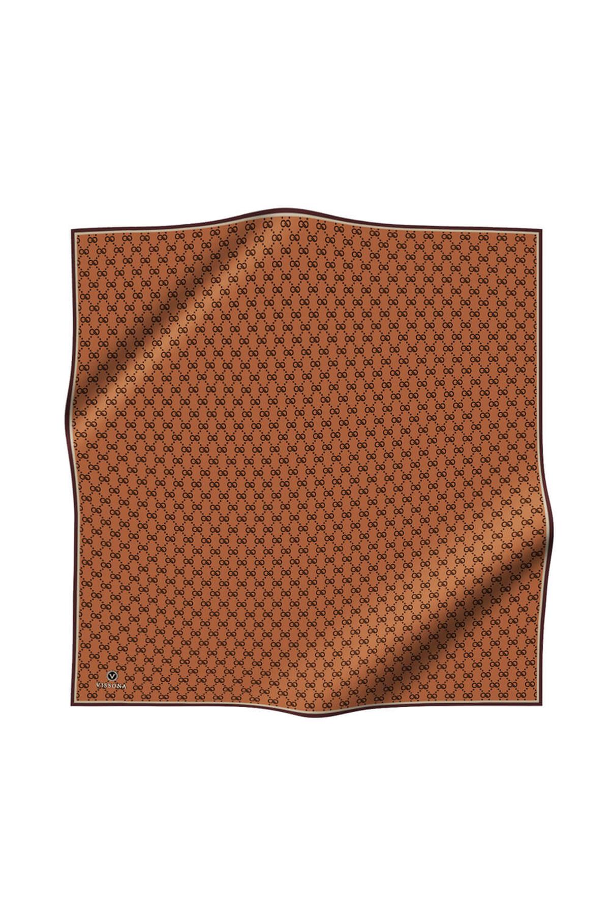 %100 Twill İpek Geometrik Desenli Kahverengi - Taba Renkli 90x90 Eşarp Dikim Şekli : El Dikişi