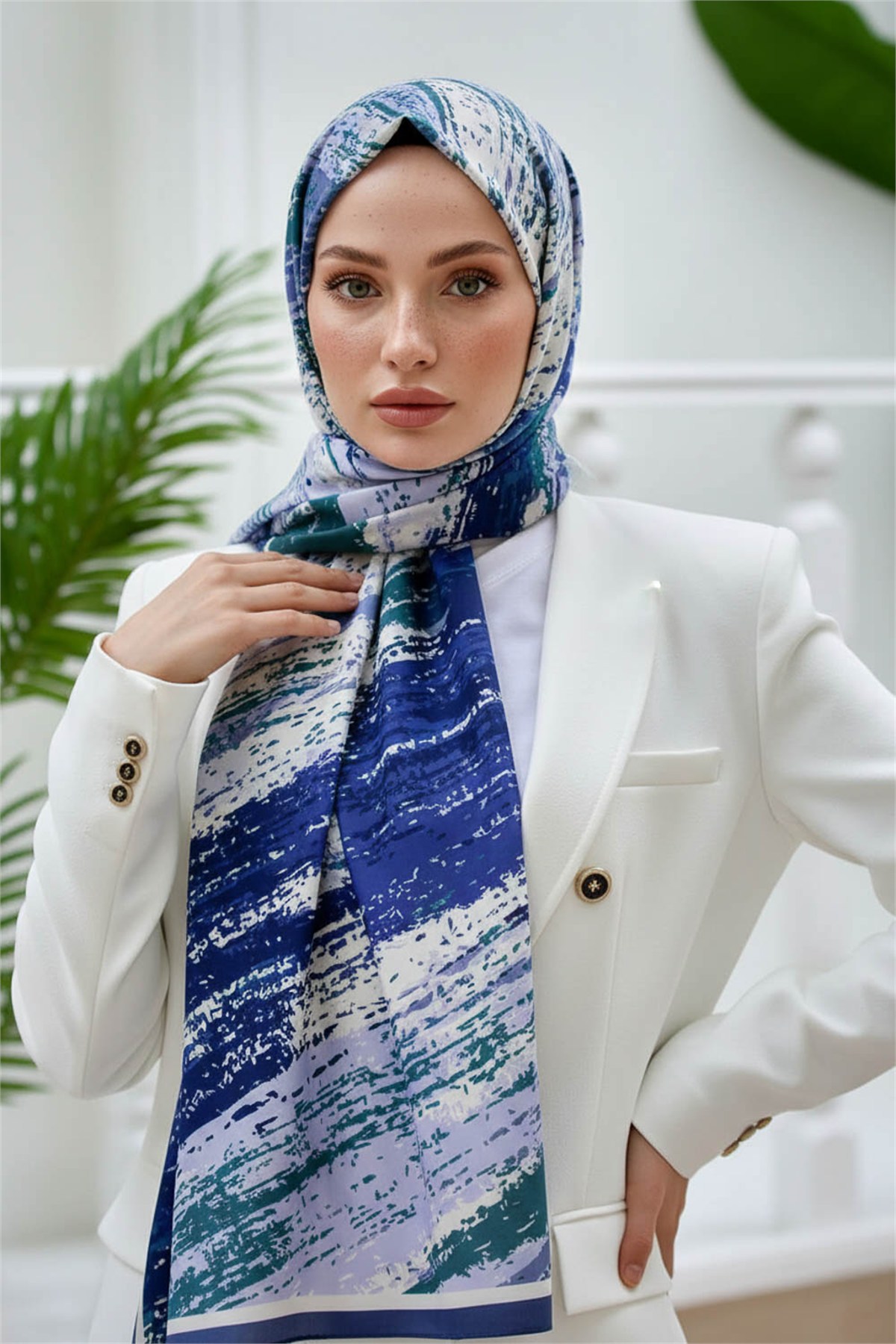 KREP FIRÇA DESENLİ İNDİGO RENKLİ 75X195 KIRIŞMAZ ŞAL