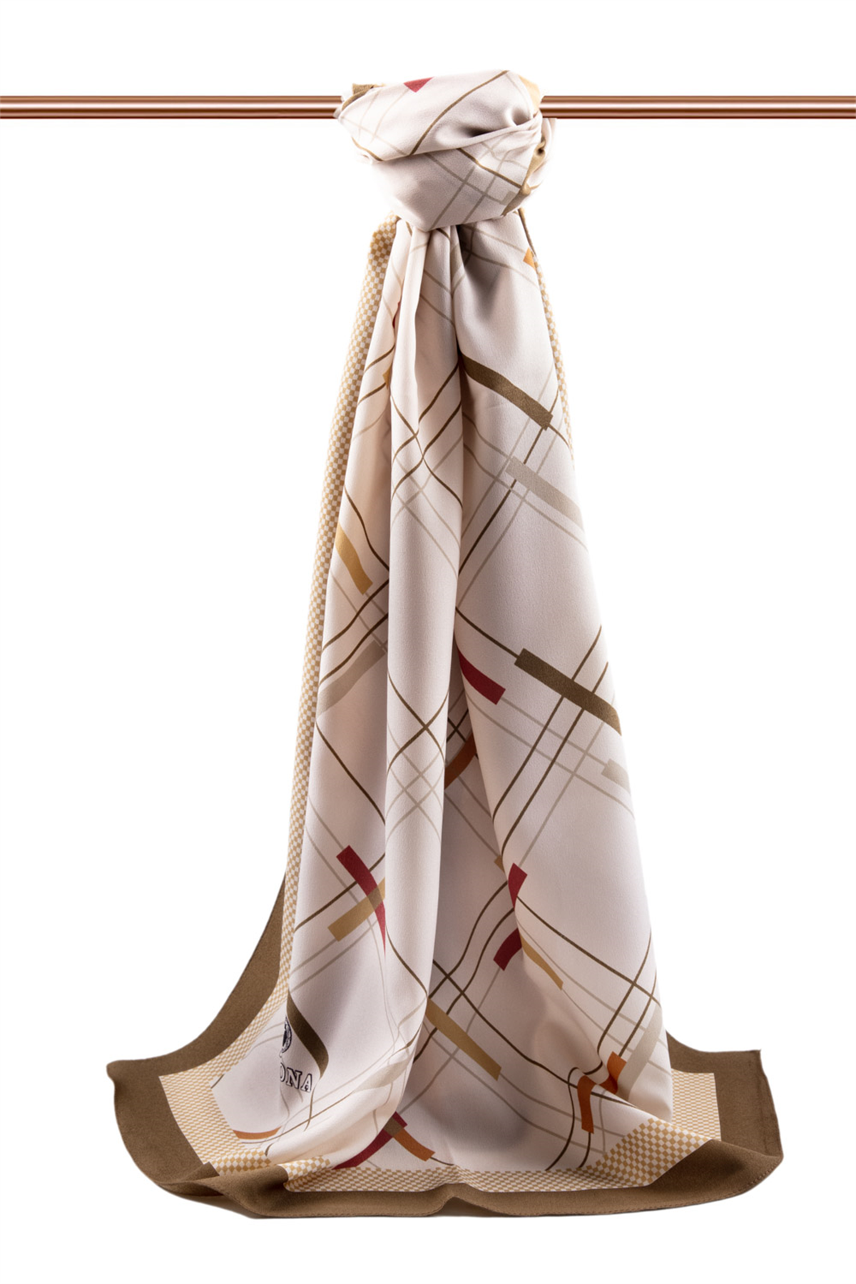 LÜKS MEDİNE İPEĞİ GEOMETRİK DESENLİ BEJ - TABA RENKLİ 75X195 KIRIŞMAZ ŞAL MOSS KREP DİKİŞ TİPİ İTALYAN DİKİŞLİ