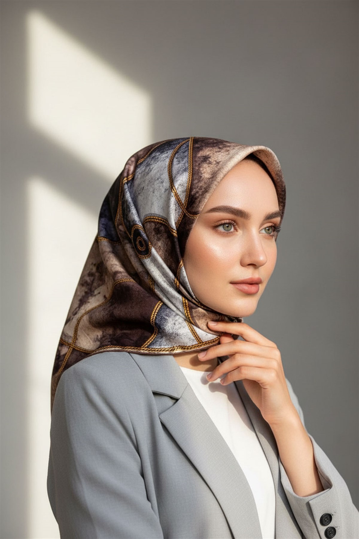 %100 Twill İpek Zincirli Mermer Desenli Bej - Gri Renkli 90x90 Eşarp Dikim Şekli : El Dikişi