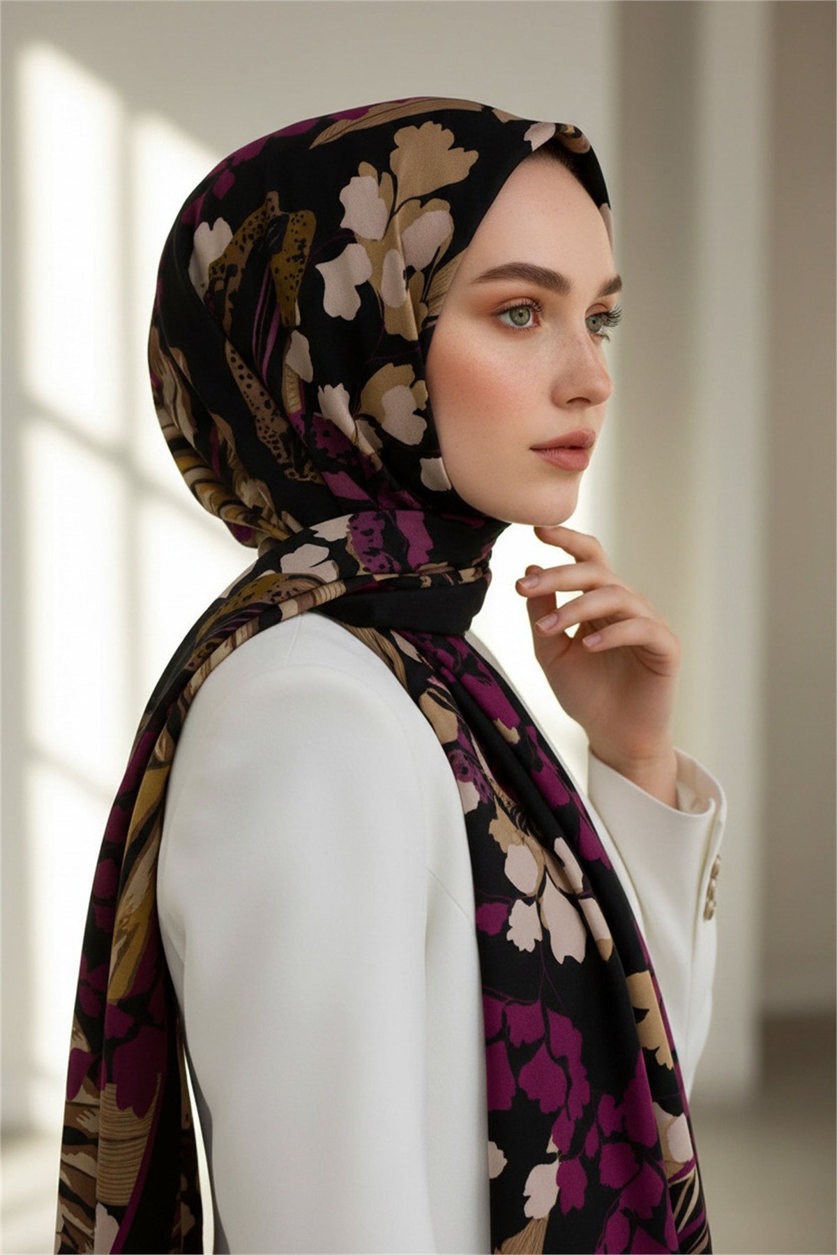 KREP YAPRAK DESENLİ MÜRDÜM RENKLİ 75X195 KIRIŞMAZ ŞAL