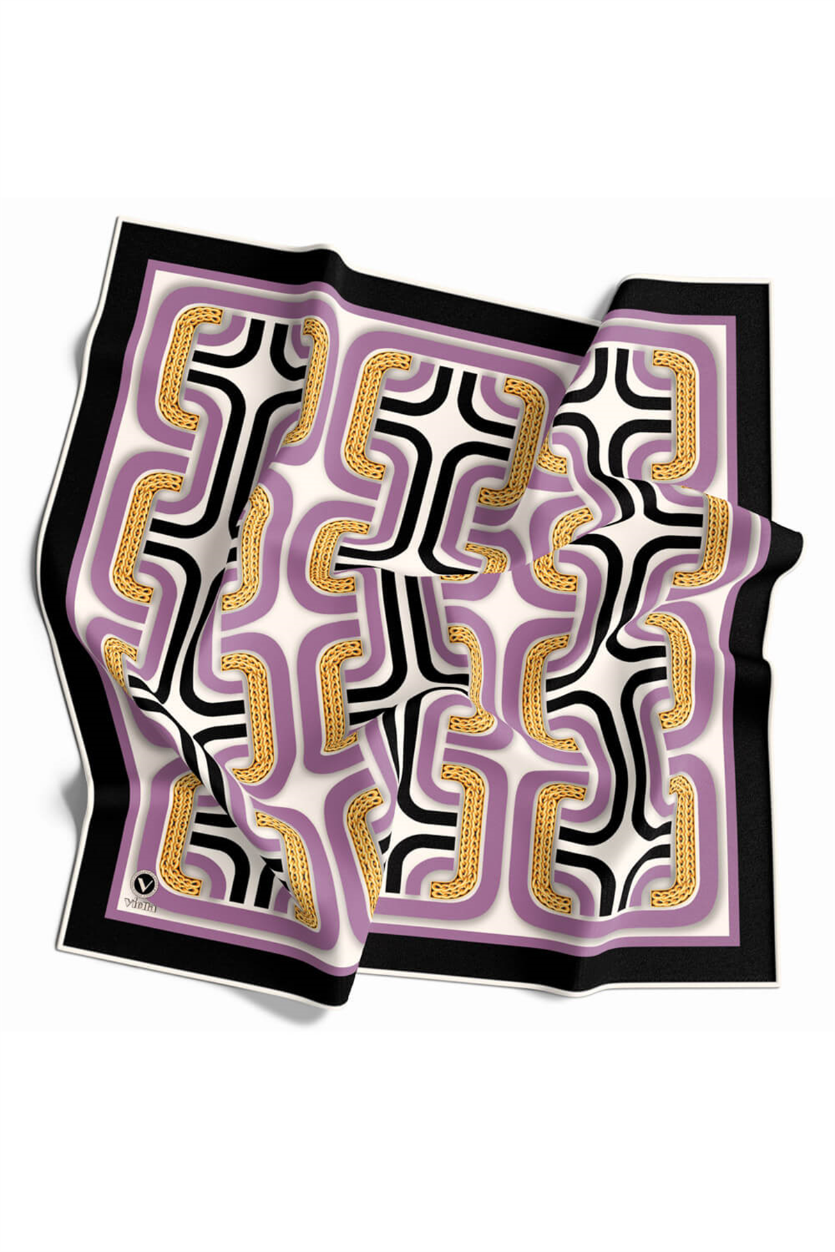 Twill Geometrik Zincir Desenli Lila Renkli 90x90 Eşarp (İpek İçermez) Kenar Dikiş Şekli El Dikişli