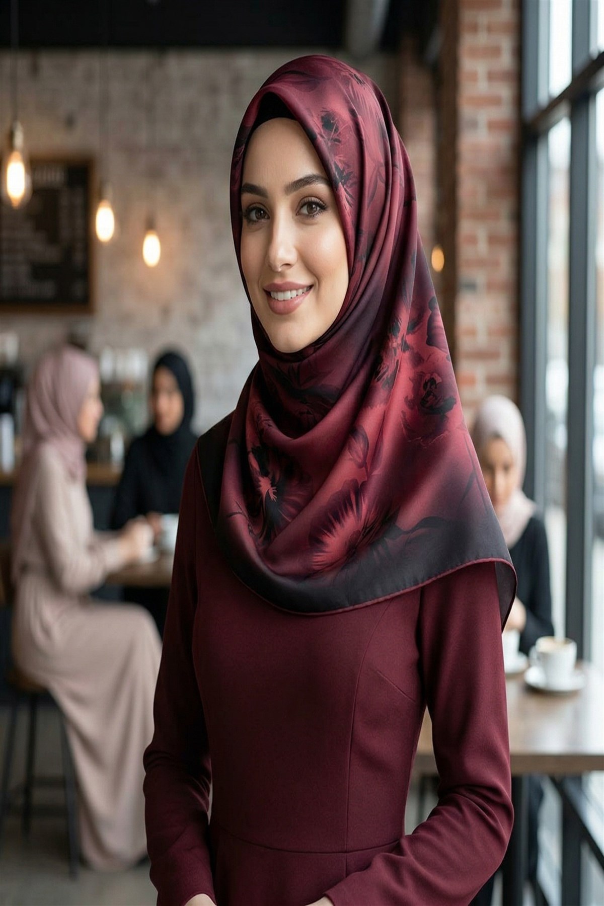 100% Twill İpek Çiçek Desenli Bordo Renkli 90x90 Dikim Şekli : El Dikişi Eşarp