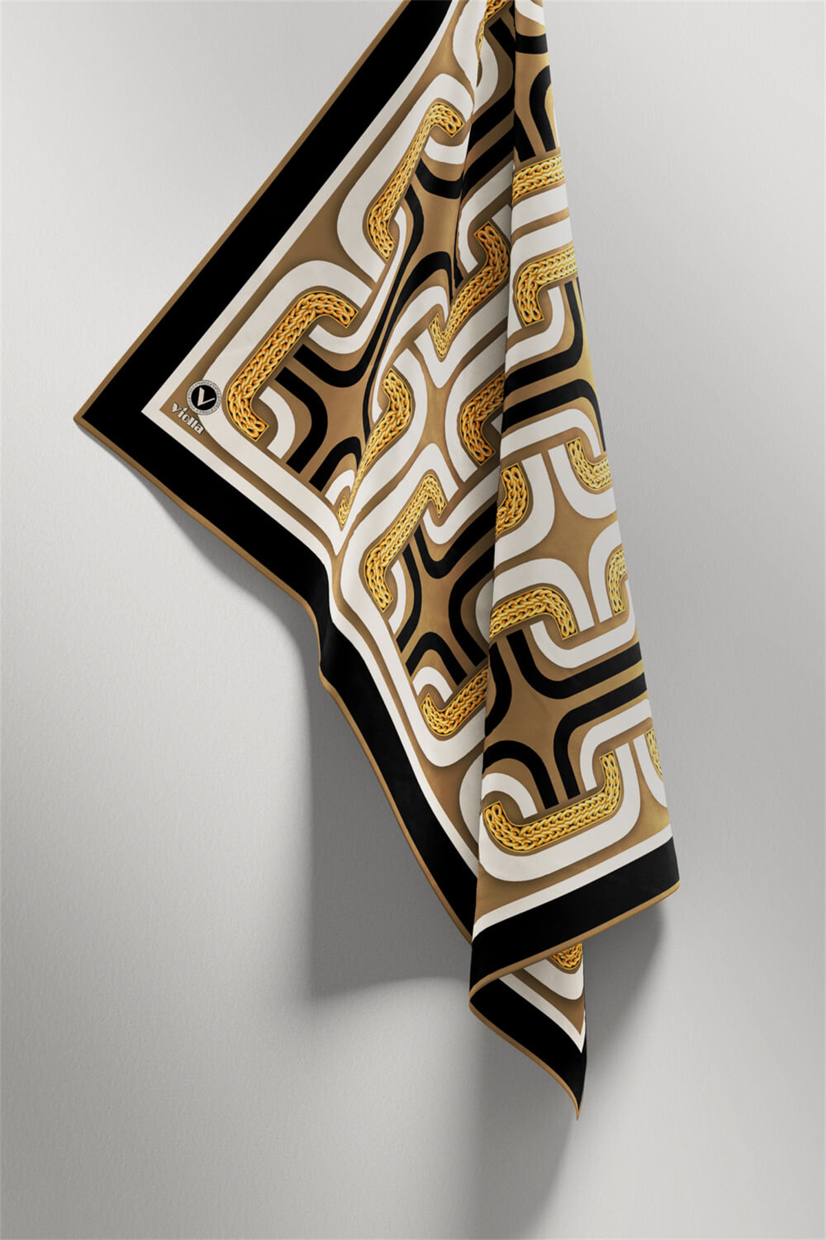 Twill Geometrik Zincir Desenli Vizon Renkli 90x90 Eşarp (İpek İçermez) Kenar Dikiş Şekli El Dikişli
