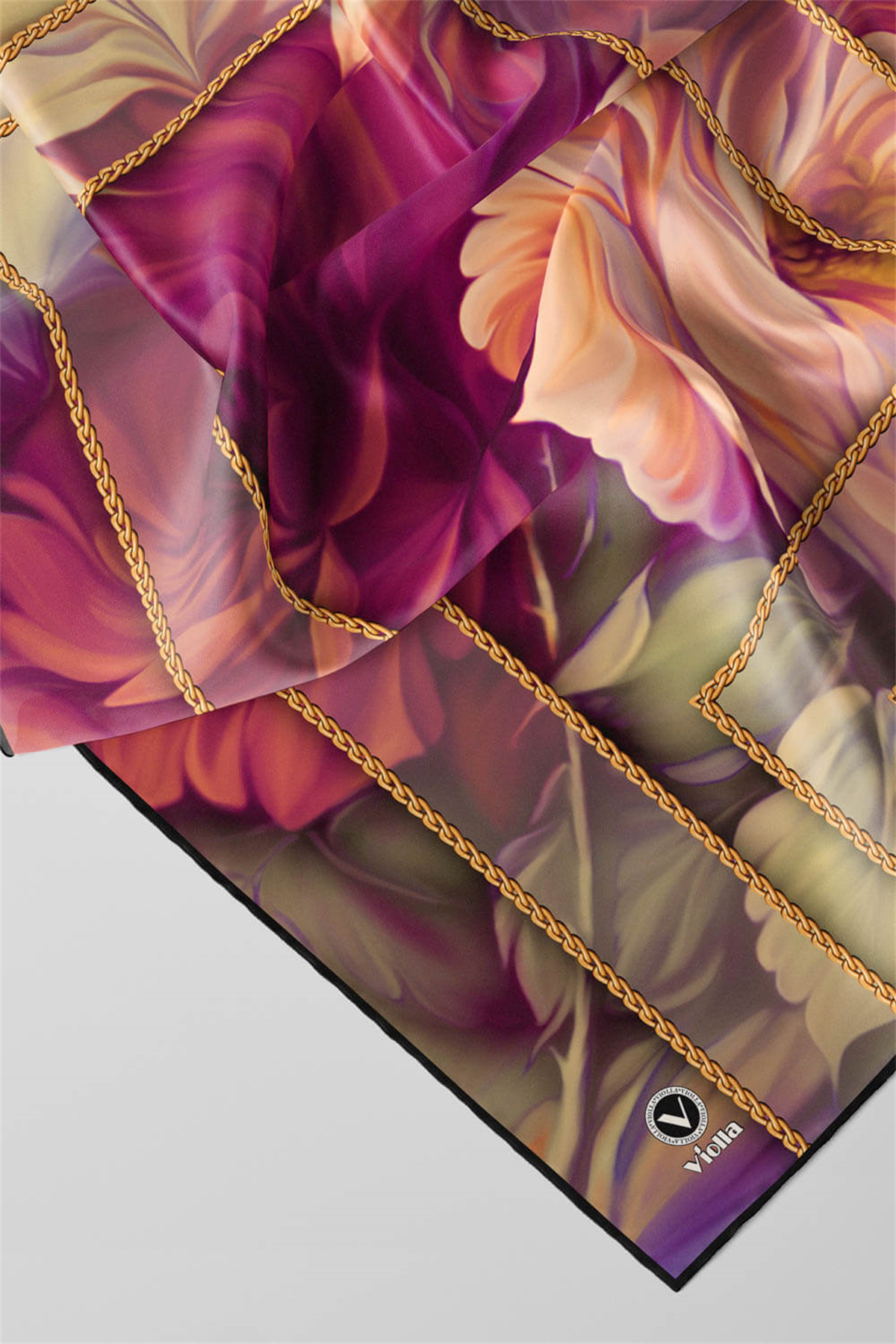 Twill Gül Desenli Fuşya - Somon Renkli 90x90 Eşarp (İpek İçermez) Kenar Dikiş Şekli El Dikişli