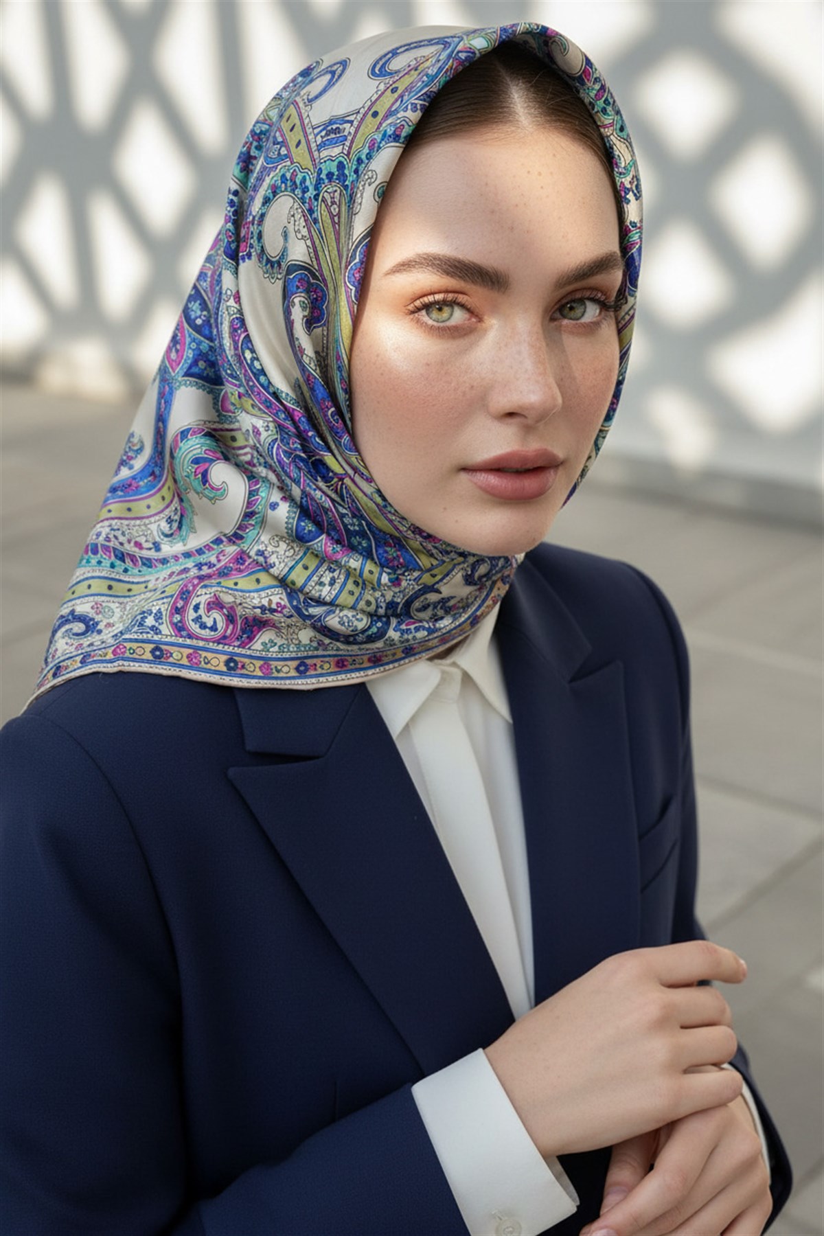 %100 Twill İpek Şal Desenli Krem - Saks Renkli 90x90 Eşarp Dikim Şekli : El Dikişi