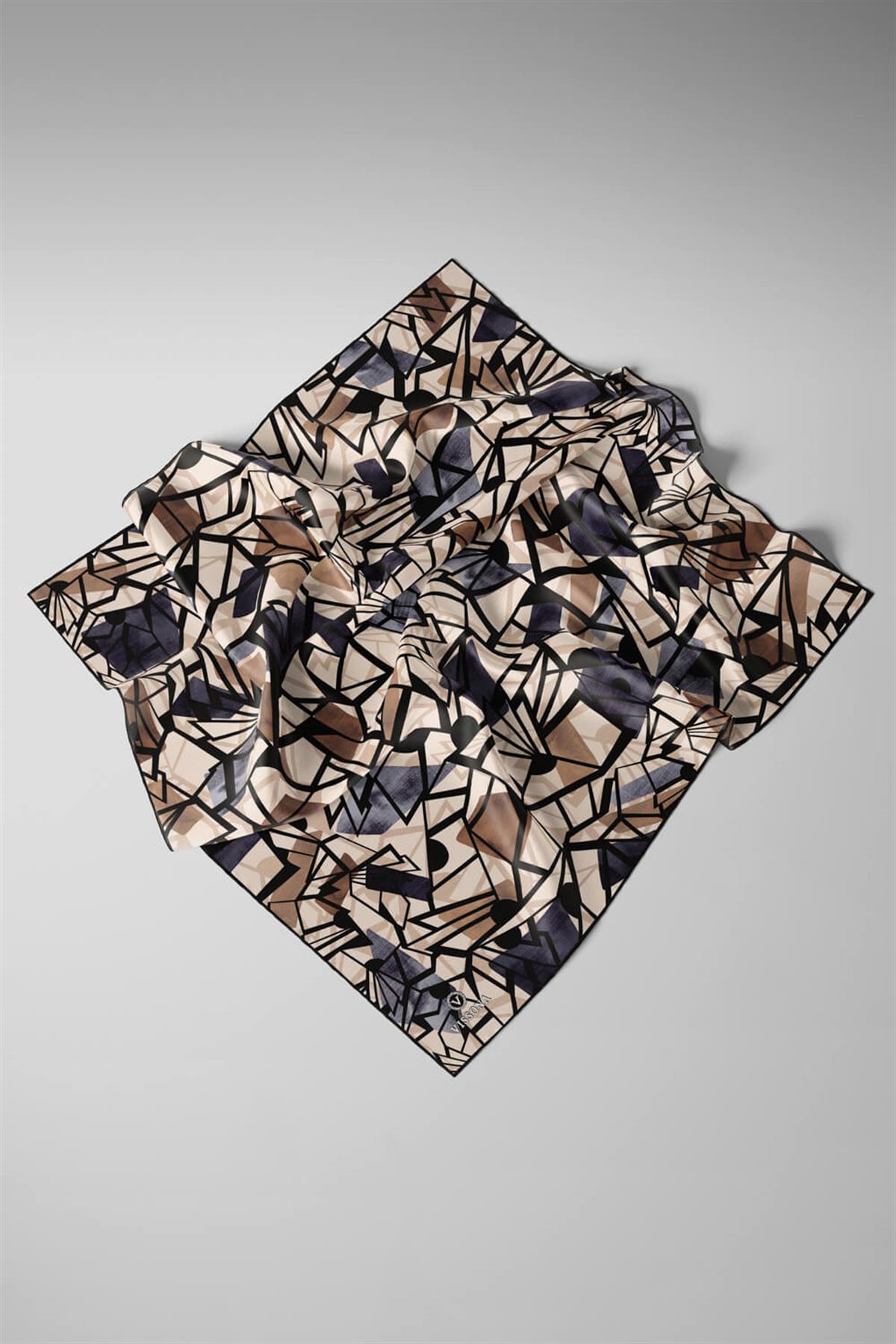 %100 Twill Renkli Petek Desenli Bej - Gri Renkli 90x90 Eşarp Dikim Şekli: El Dikişii