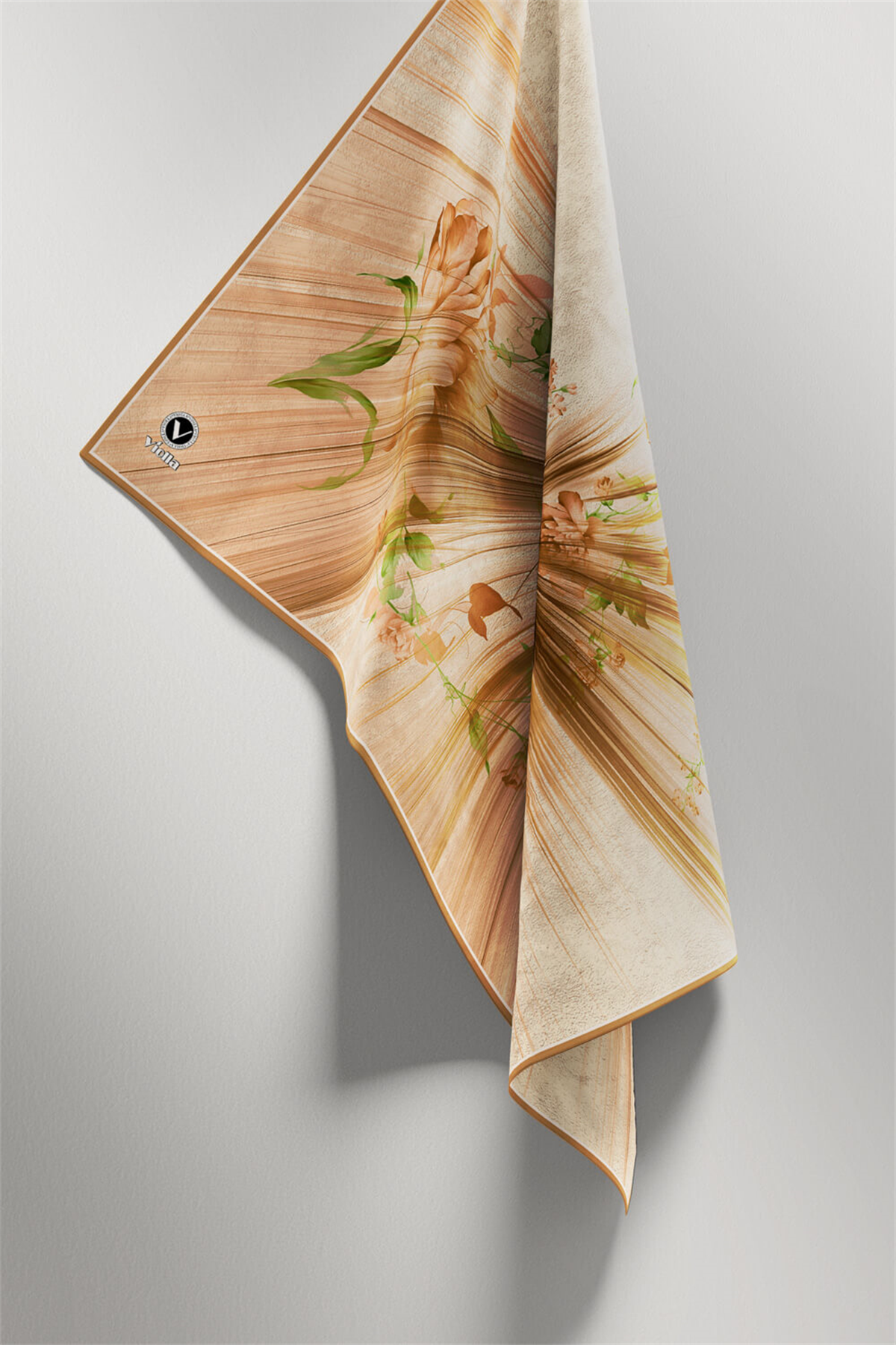 Twill Çiçekli Desenli Hardal Renkli 90x90 Eşarp (İpek İçermez) Kenar Dikiş Şekli El Dikişli