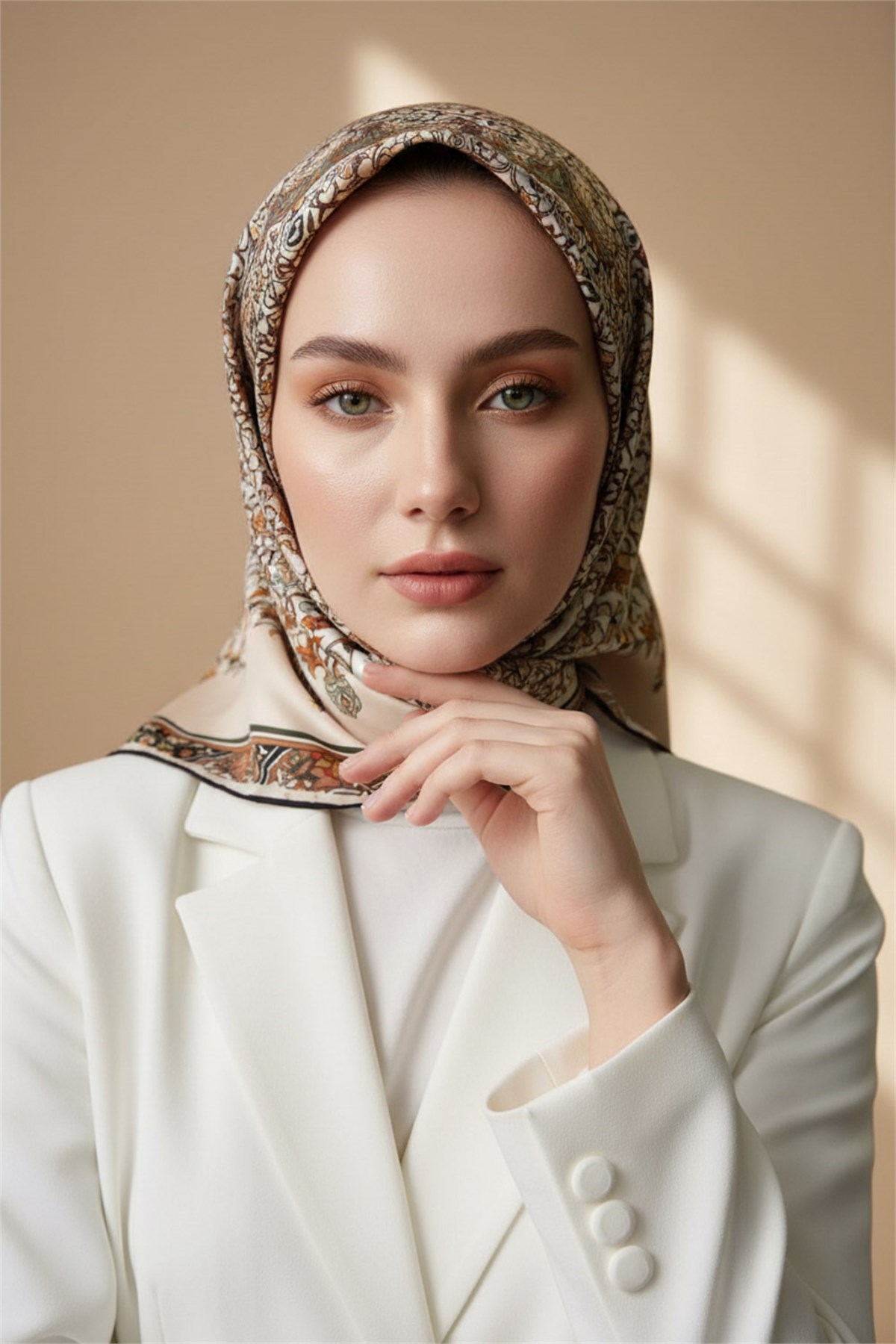 %100 Twill İpek Şal Desenli Bakır Renkli 90x90 Eşarp Dikim Şekli : El Dikişi
