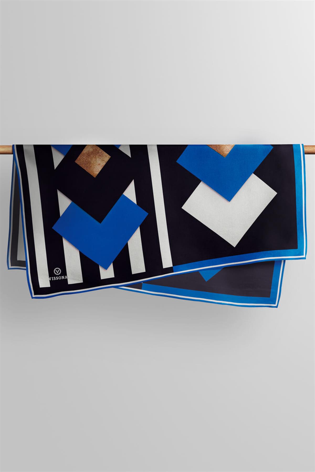 %100 Twill İpek Karo Desenli Saks - Siyah Renkli 90x90 Eşarp Dikim Şekli : El Dikişi