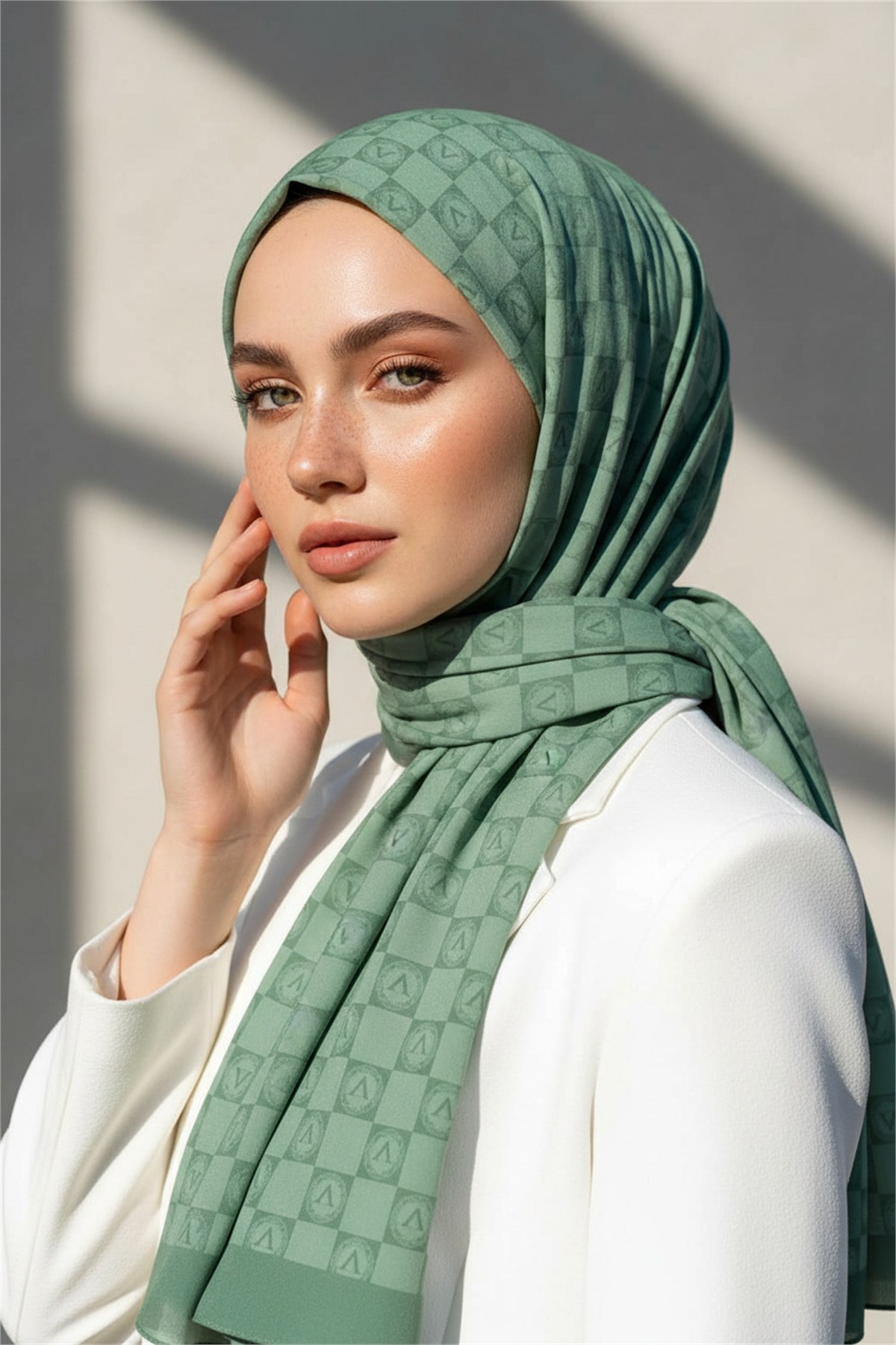 KREP MONOGRAM DESENLİ KÜF YEŞİLİ RENKLİ 75X195 KIRIŞMAZ ŞAL