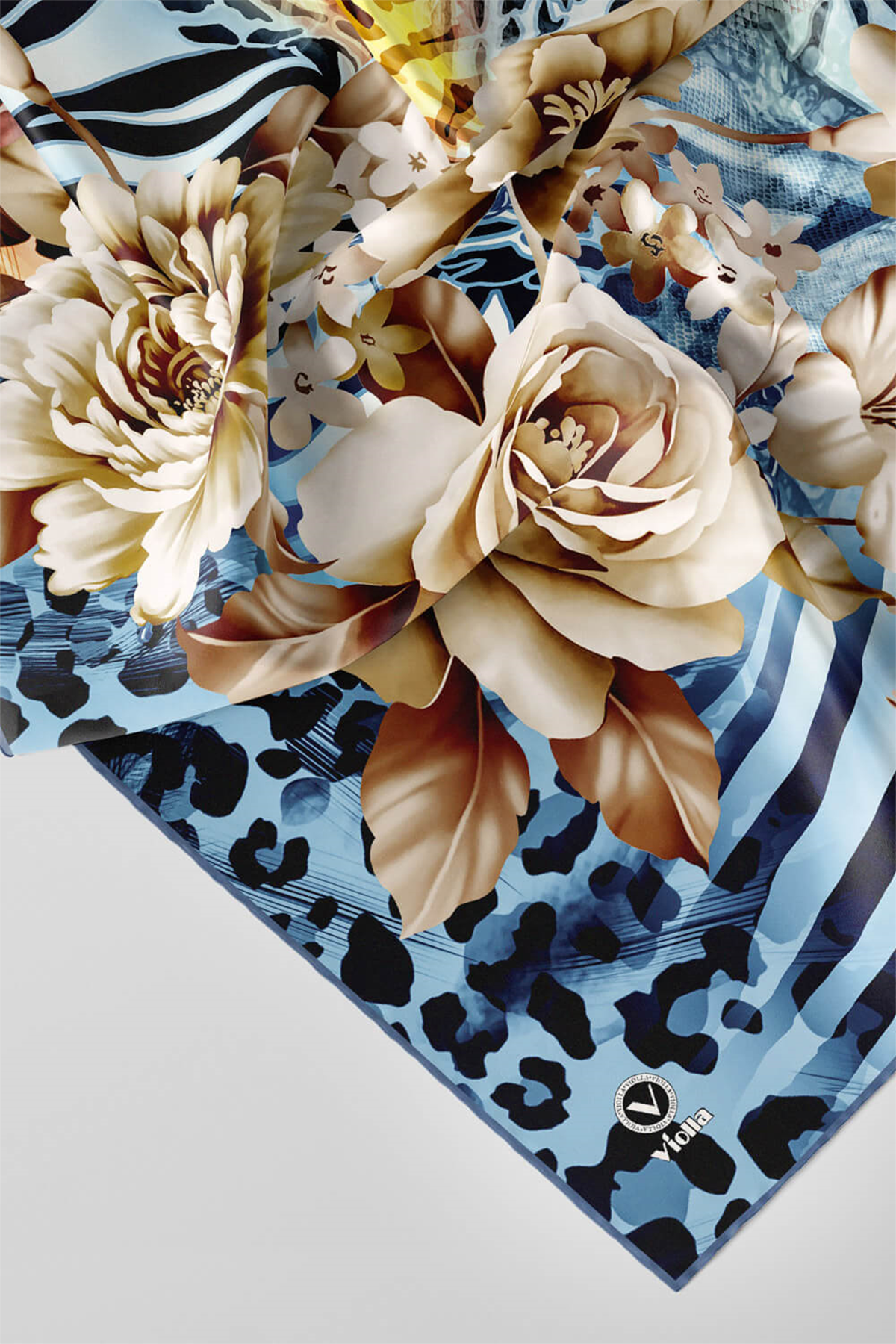 Twill Renkli Şerit Desenli İndigo - Sarı Renkli 90x90 Eşarp (İpek İçermez) Kenar Dikiş Şekli El Dikişli