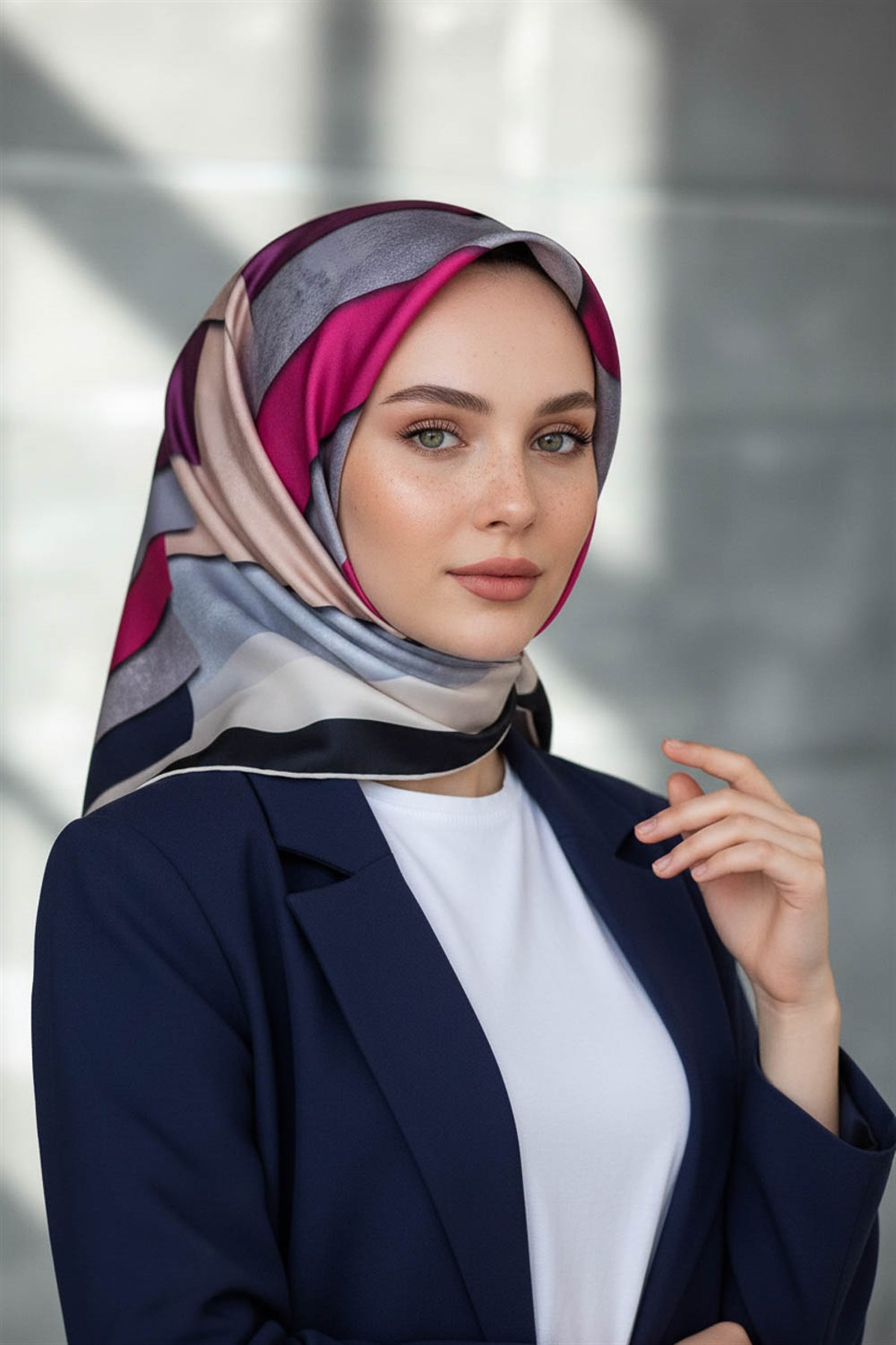 % 57 İPEK % 43 VİSKON Twill Geometrik Bulut  Desenli Mürdüm Fuşya Renkli 90x90 Eşarp Dikim Şekli: El Dikişi
