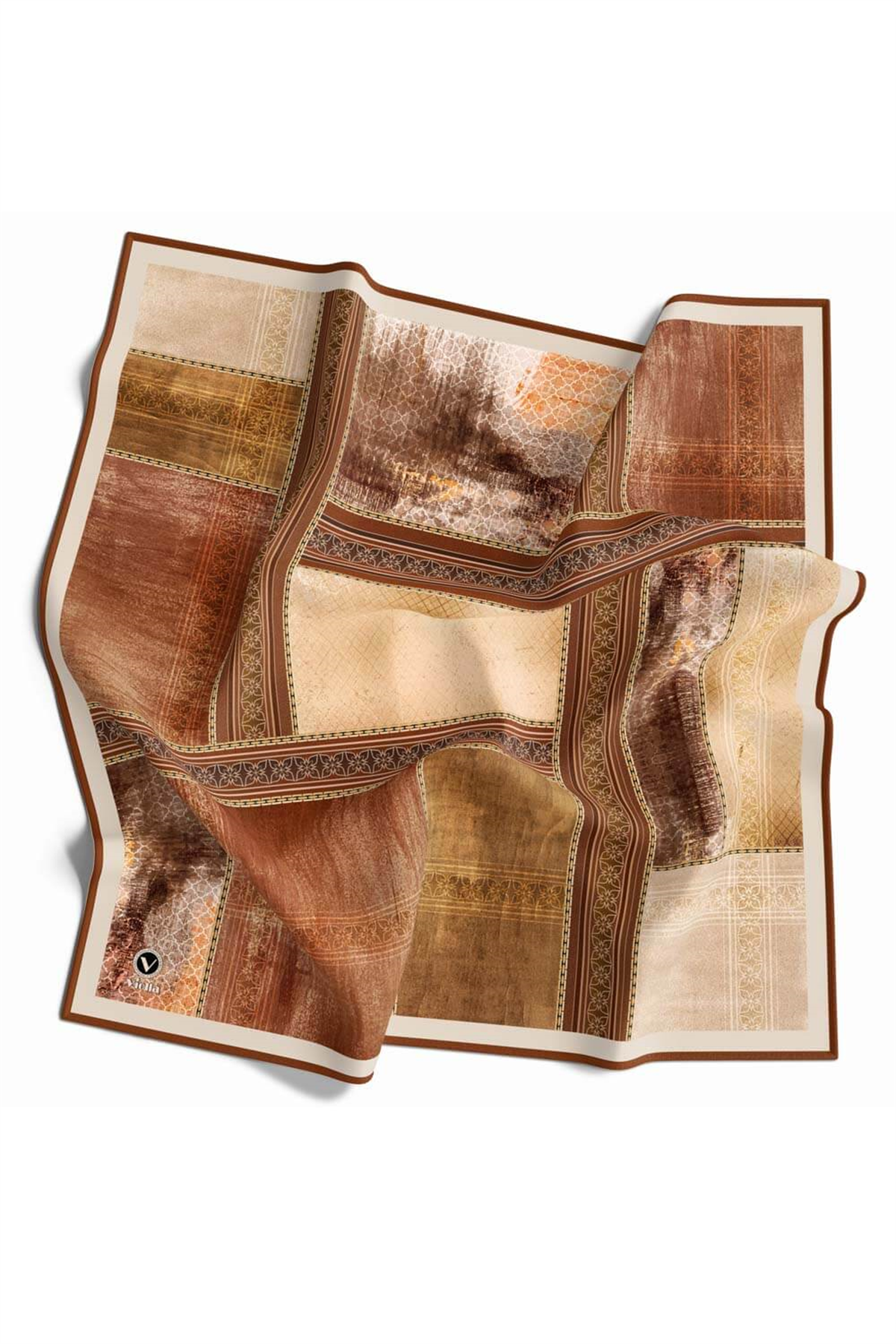 Twill Dokulu Ve Geometrik Desenli Taba Renkli 90x90 Eşarp (İpek İçermez) Dikim Şekli : El Dikişi