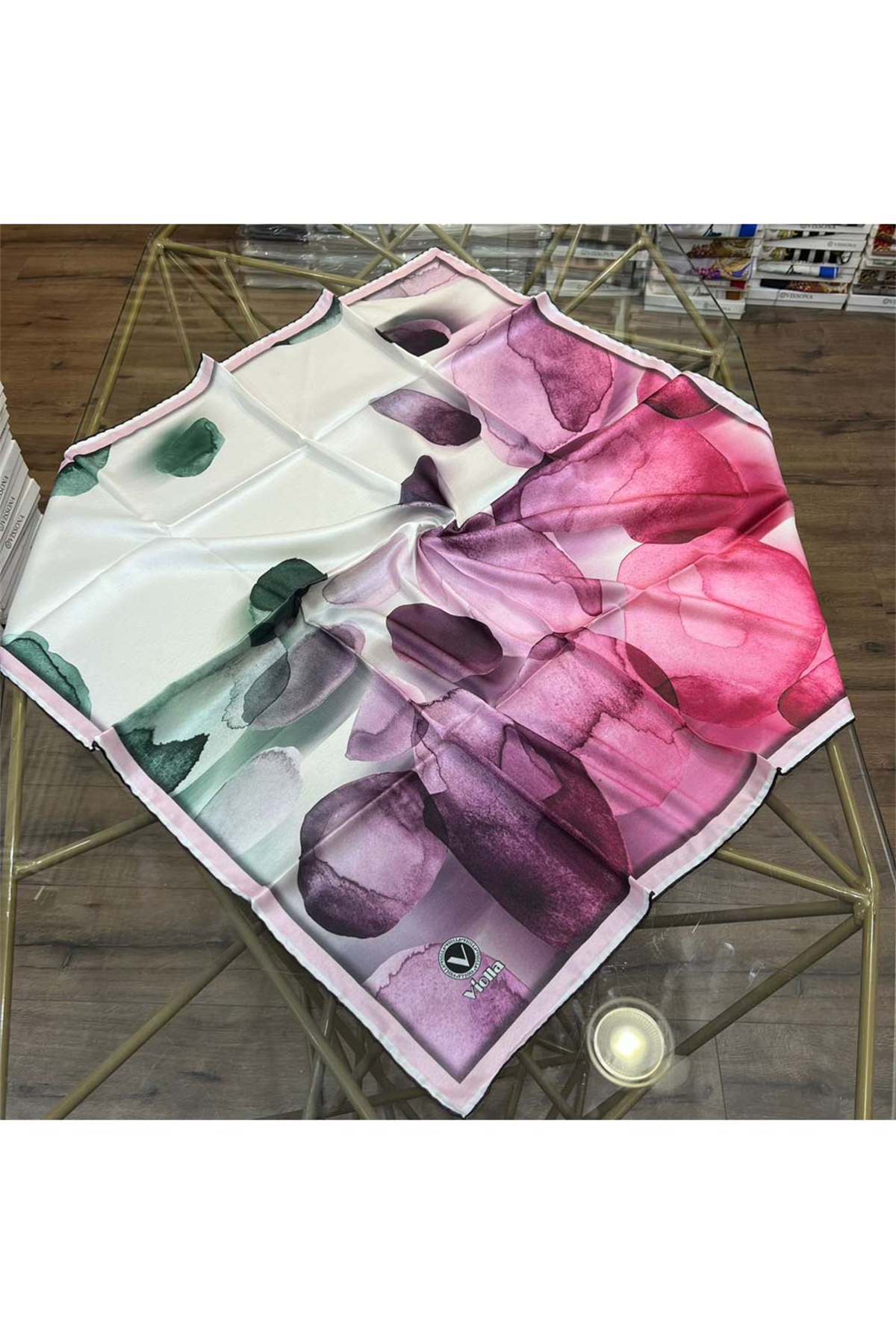 Twill Sulu Boya Desenli Mürdüm - Fuşya Renkli 90x90 Eşarp (İpek İçermez) Kenar Dikiş Şekli El Dikişli