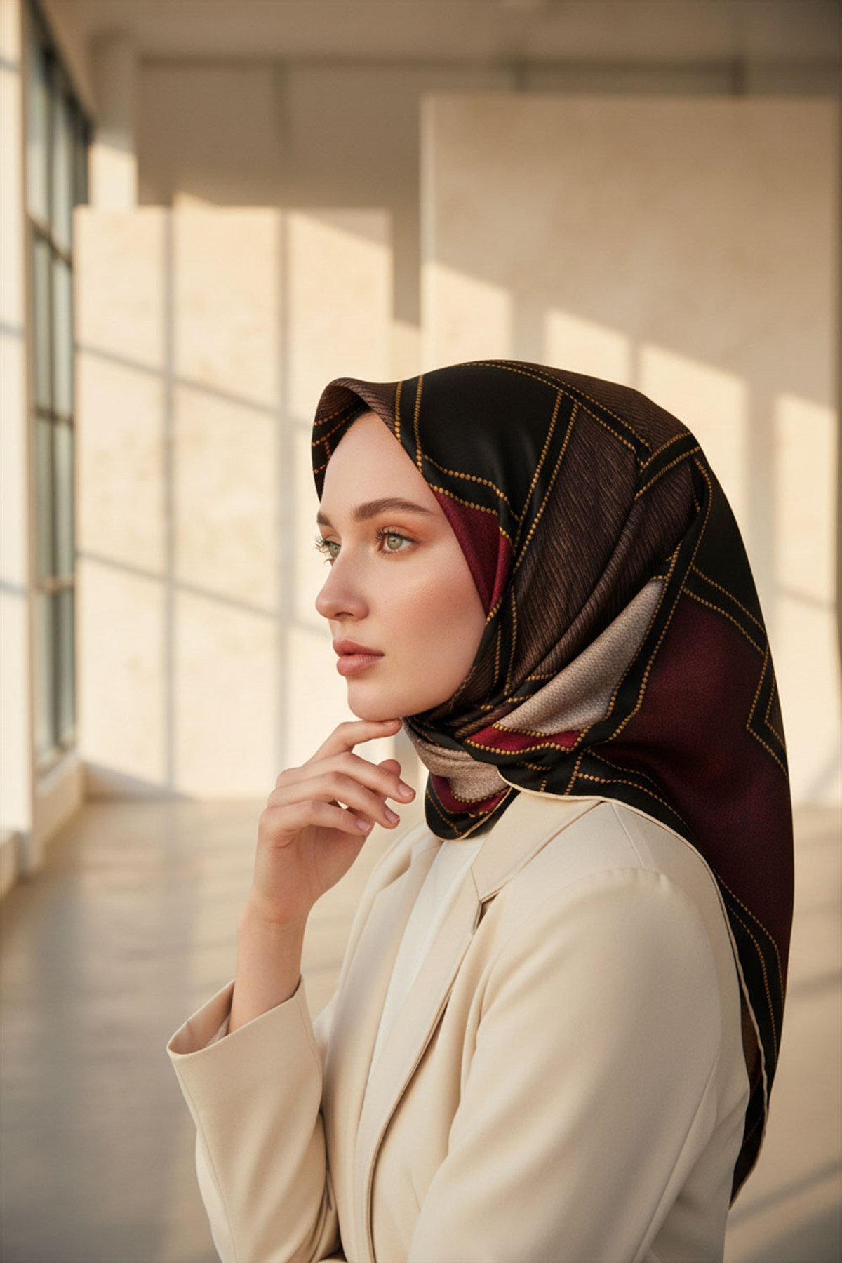 100% Twill İpek Gold Detaylı Kare Desenli Siyah - Bordo Renkli 90x90 Dikim Şekli : El Dikişi
