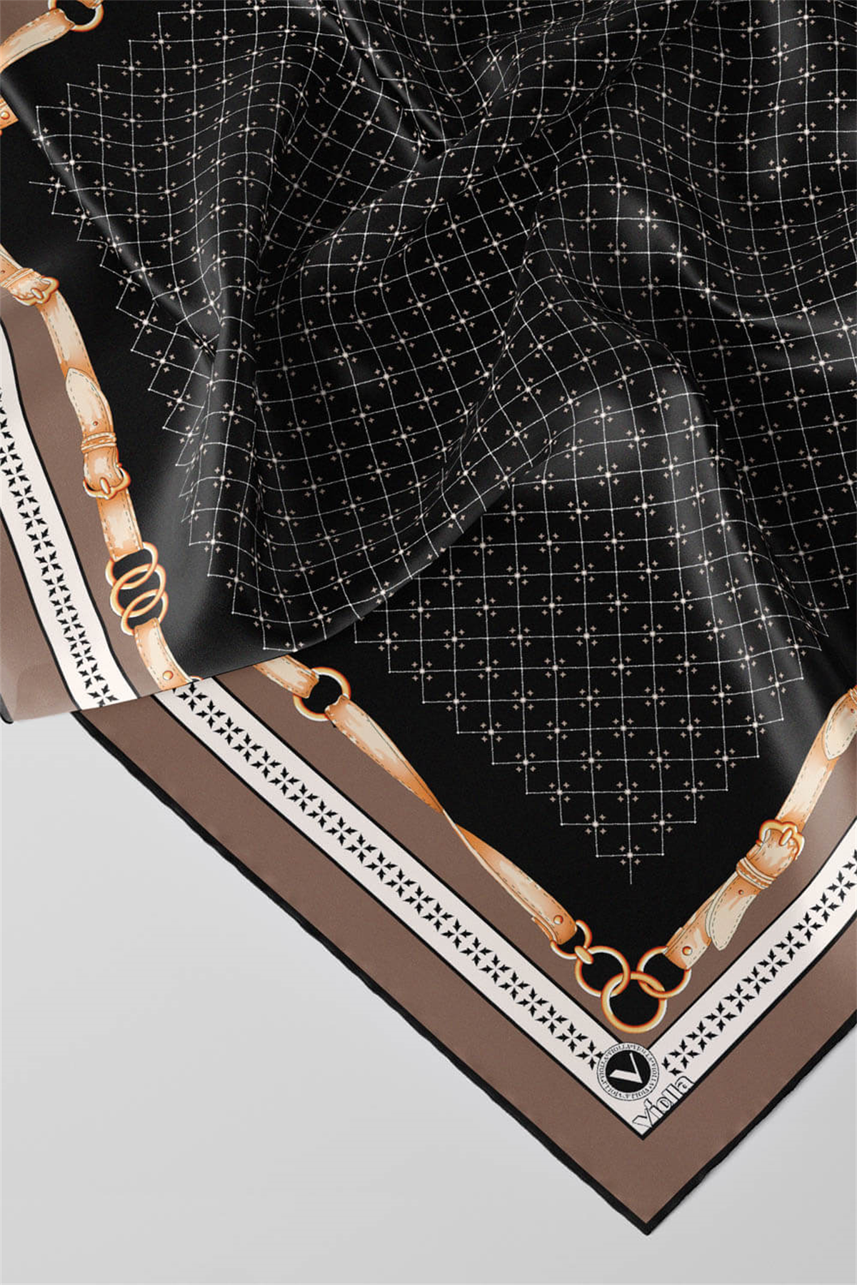 Twill Kemerli ve Çıtır Motifli Desenli Vizon Renkli 90x90 Eşarp (İpek İçermez) Dikim Şekli : El Dikişi