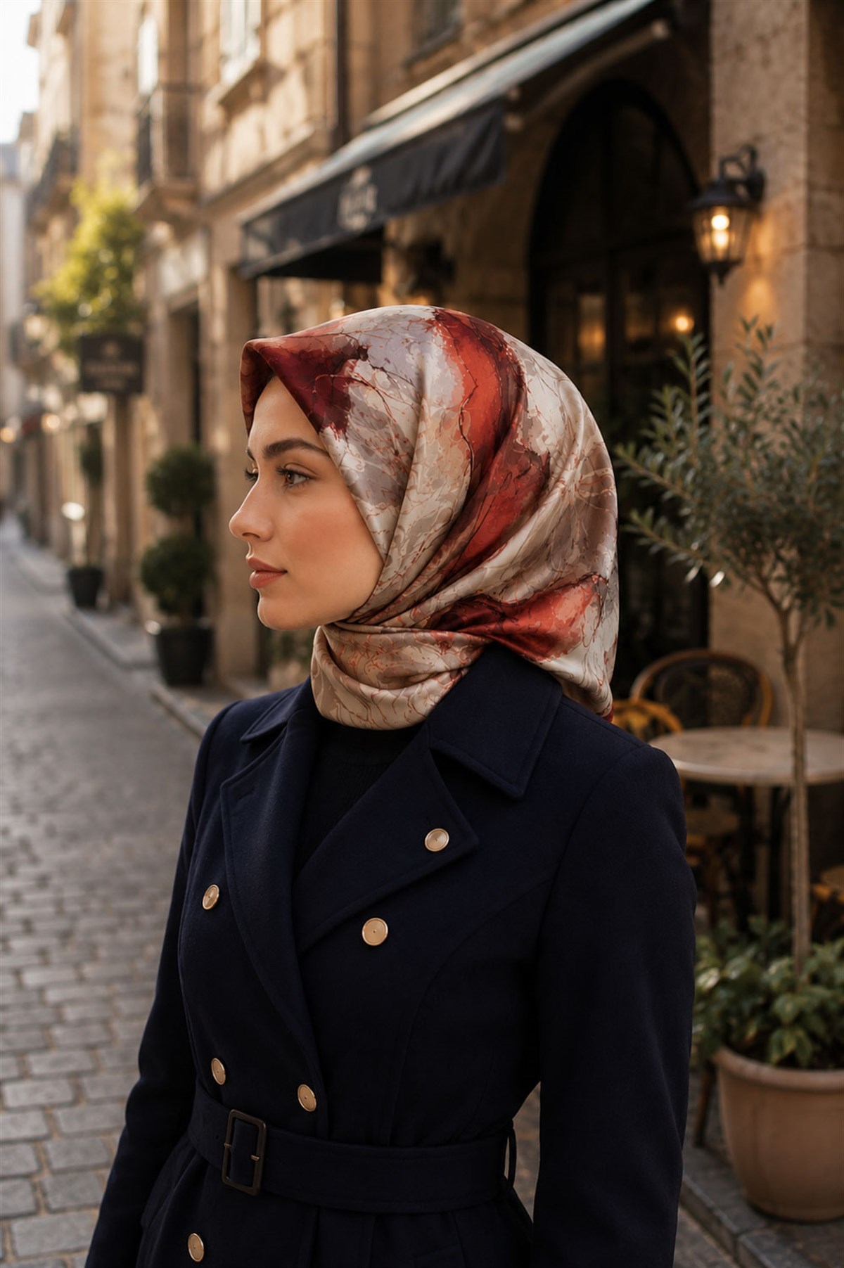 %100 Twill İpek Çiçekli Sulu Boya Dalga Desenli Bej - Taba Renkli 90x90 Eşarp Dikim Şekli : El Dikişi