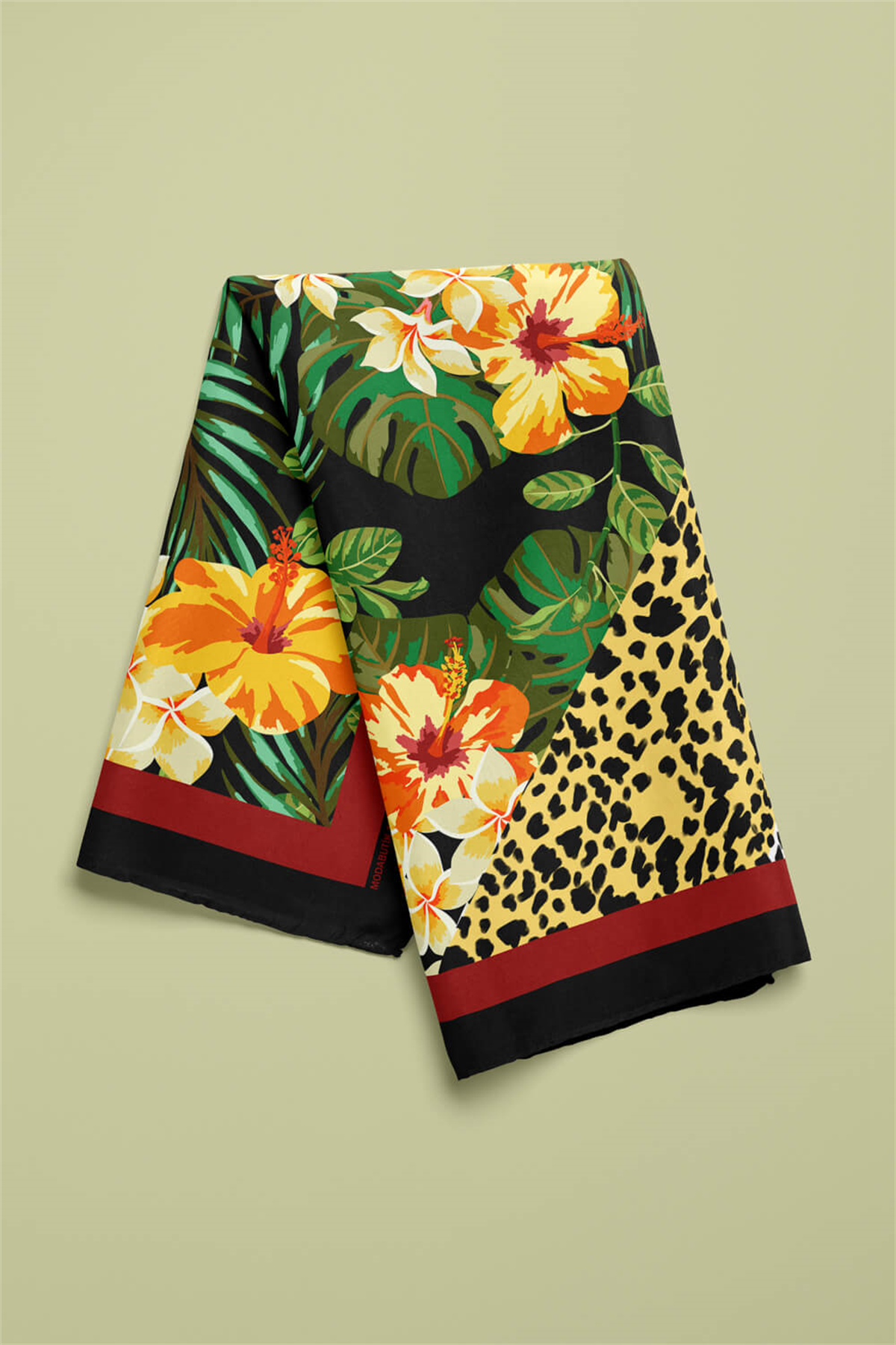 Kadın Turuncu Siyah Beyaz Çiçek Desenli 50x50 Bandana