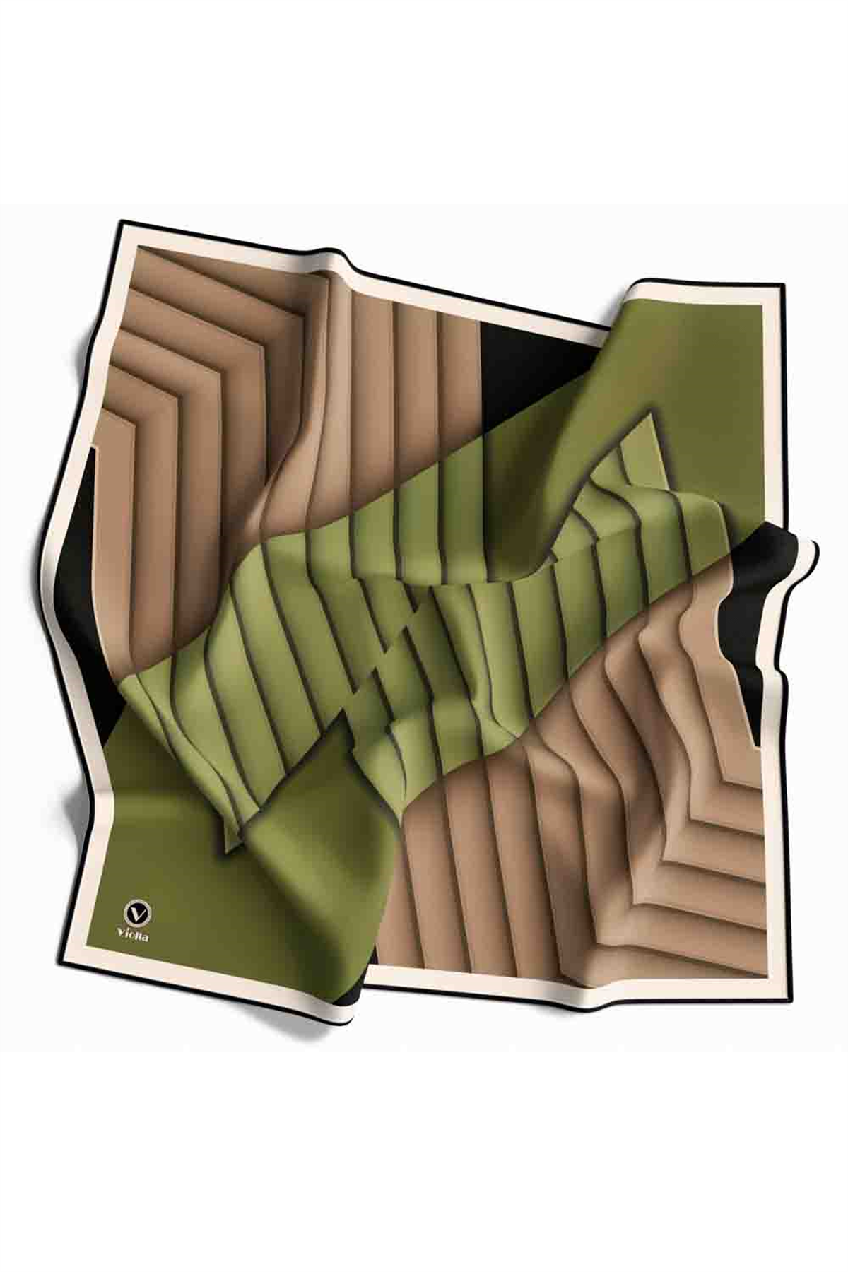 Rayon Zikzak Çizgi Desenli Haki Renkli 90x90 Eşarp (İpek İçermez) Dikim Şekli : El Dikişi