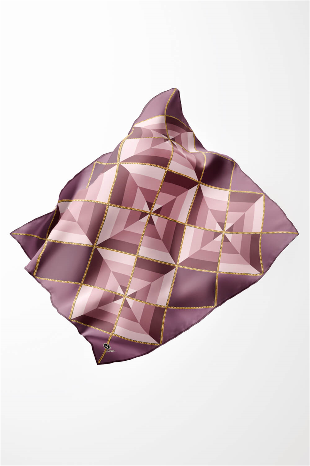 Twill Geometrik Desenli Lila Renkli 90x90 Eşarp (İpek İçermez) Kenar Dikiş Şekli El Dikişli