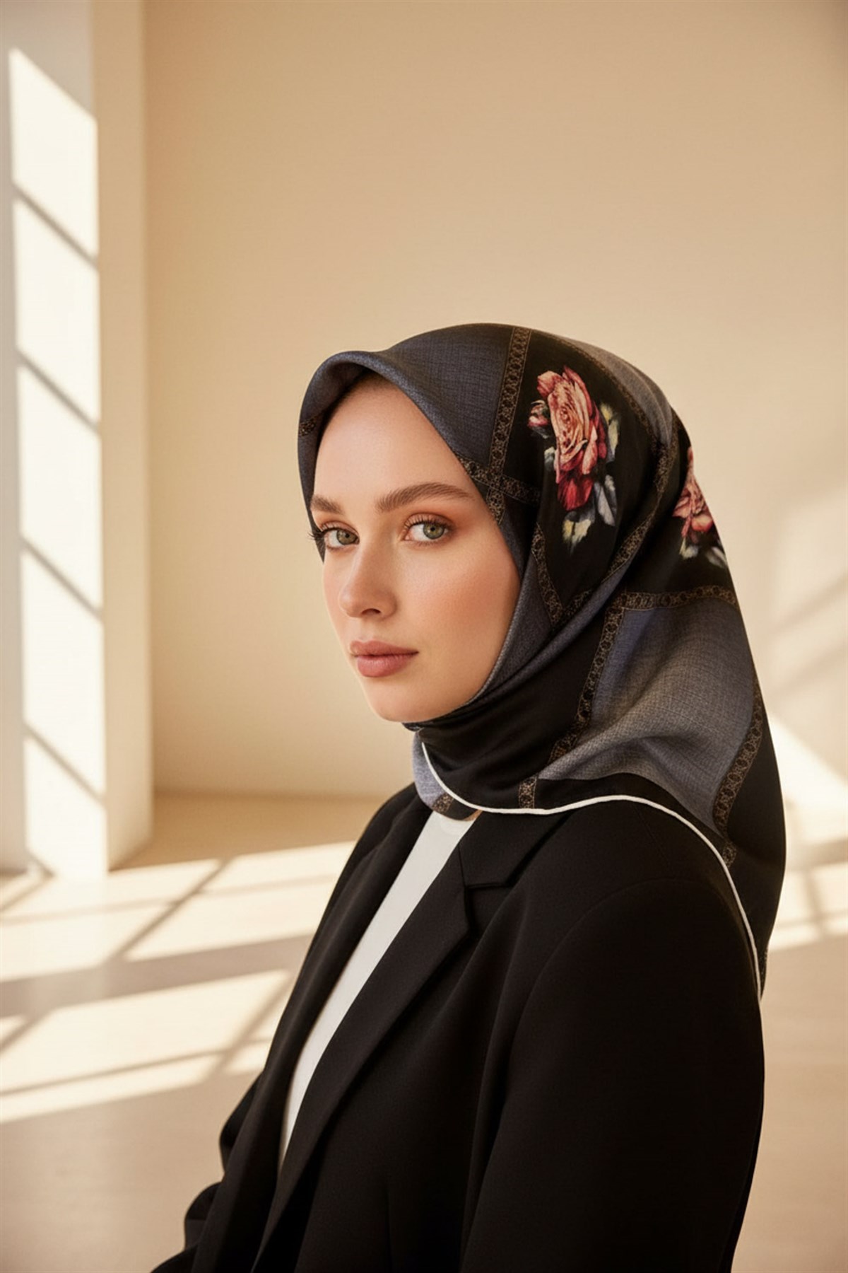 %100 Twill İpek Dokulu Çiçekli Ve Geometrik Desenli Siyah - Gri Renkli 90x90 Eşarp Dikim Şekli : El Dikişi
