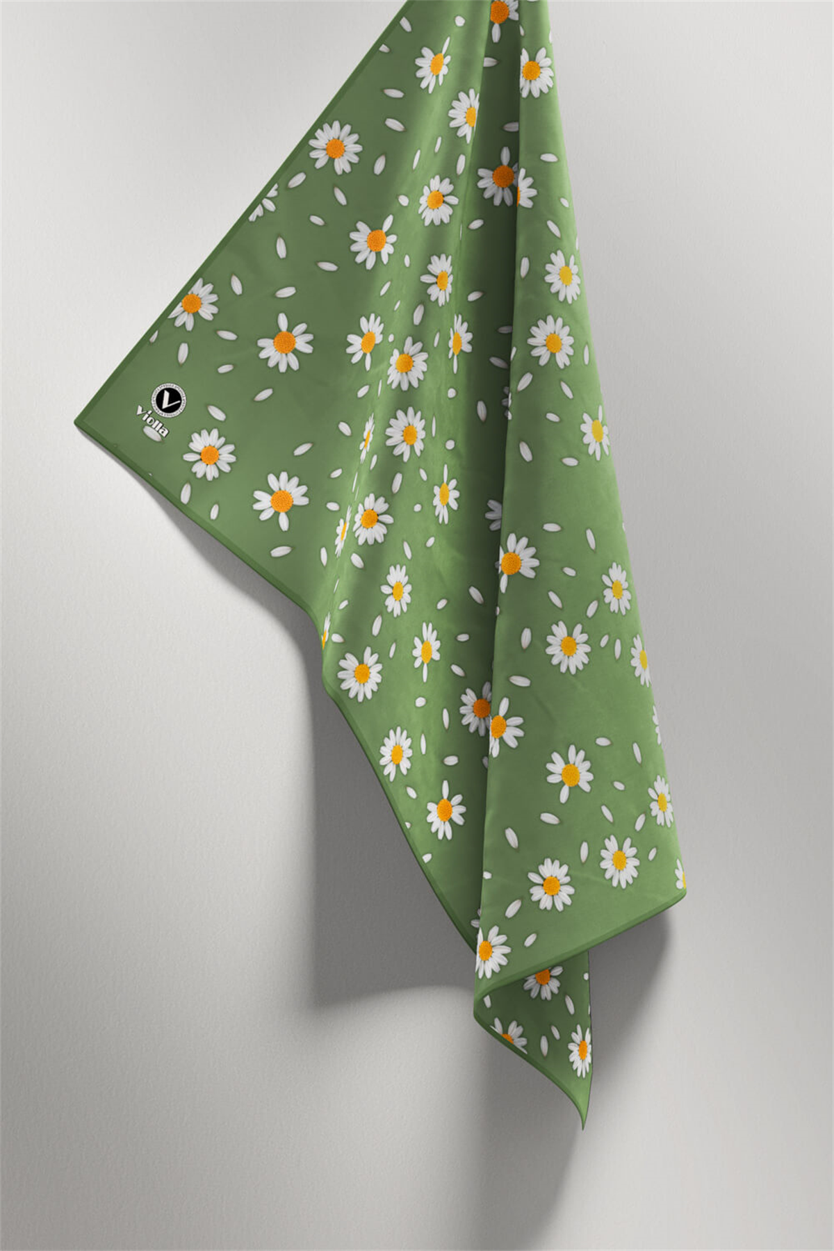 Twill Papatya Desenli Koyu Mint Yeşili Renkli 90x90 Eşarp (İpek İçermez) Kenar Dikiş Şekli El Dikişli