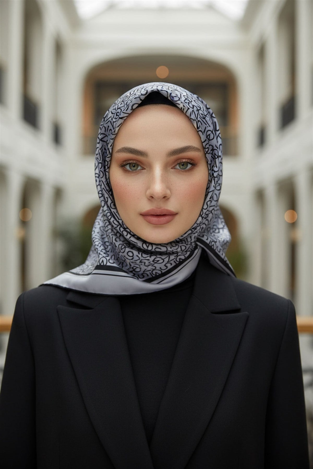 %100 Twill İpek Harf Desenli Gri - Siyah Renkli 90x90 Eşarp Dikim Şekli : El Dikişi