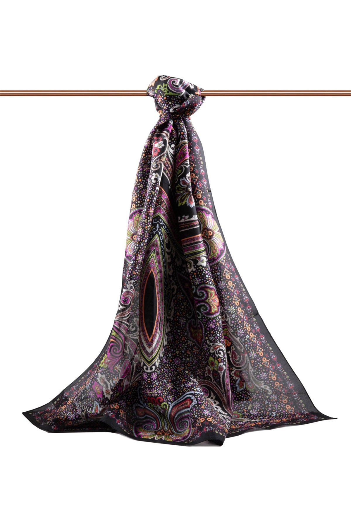 100% İpek Etro Desenli Siyah - Turuncu Renkli 92x210 Şal