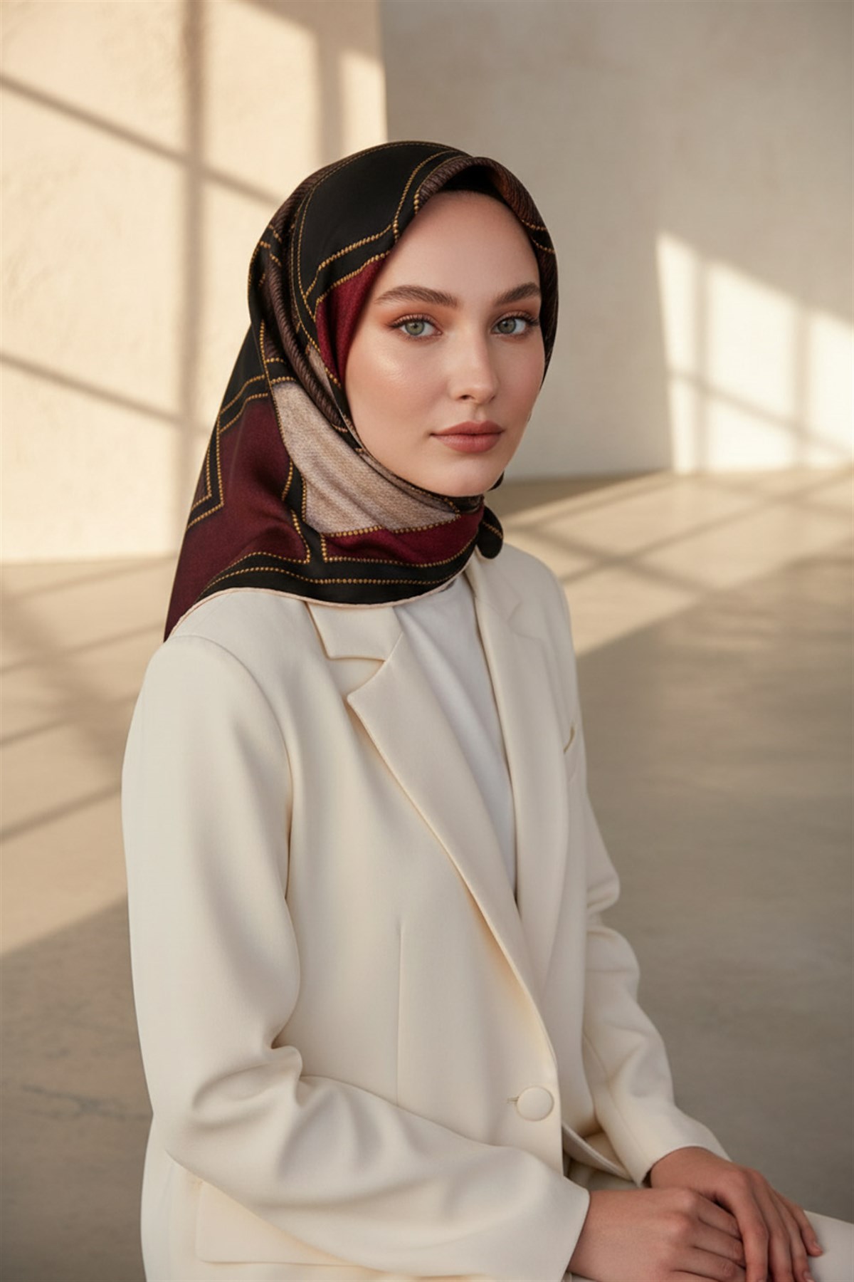 100% Twill İpek Gold Detaylı Kare Desenli Siyah - Bordo Renkli 90x90 Dikim Şekli : El Dikişi