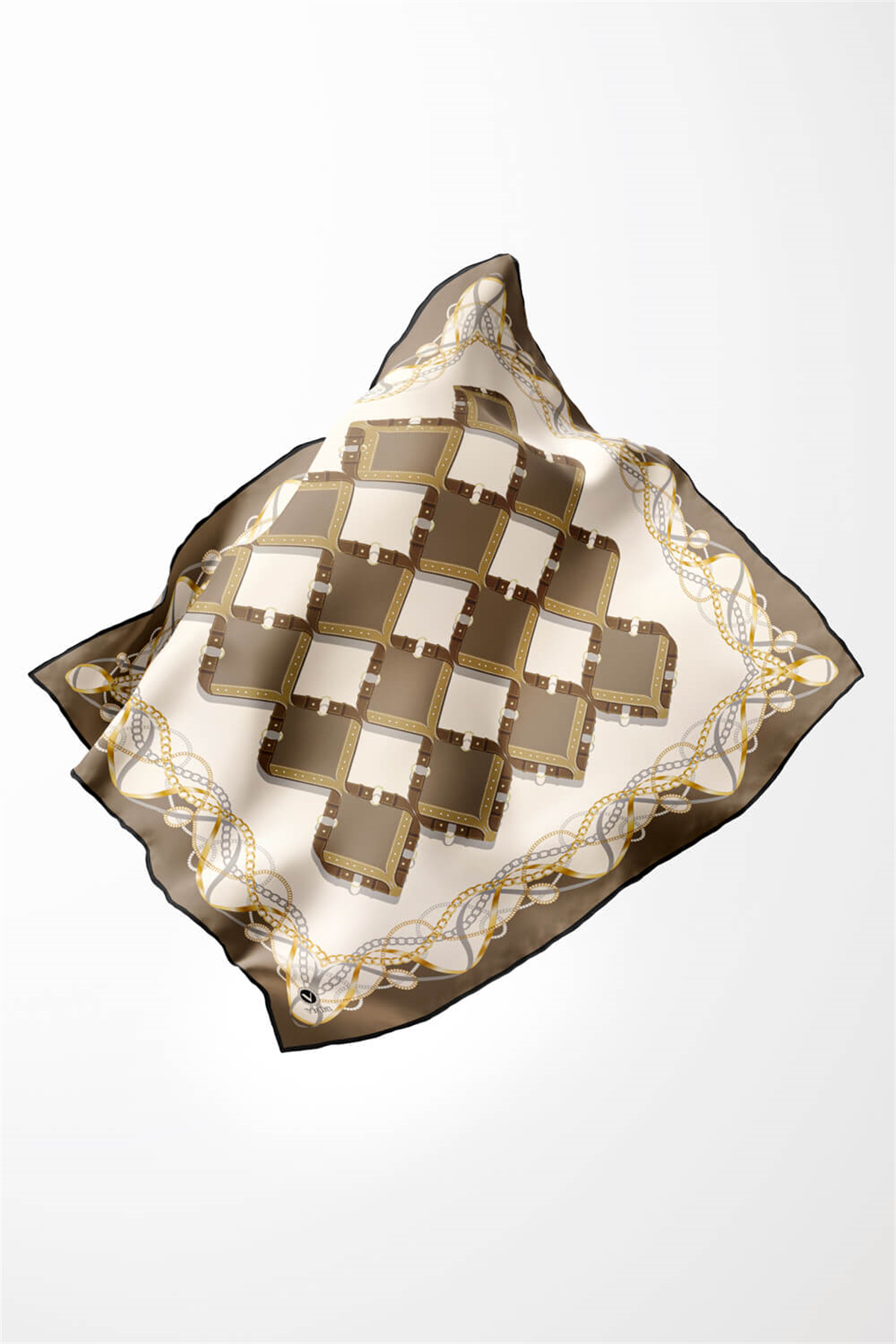 Twill Kemer Ve Zincir Desenli Vizon Renkli 90x90 Eşarp (İpek İçermez) Kenar Dikiş Şekli El Dikişli