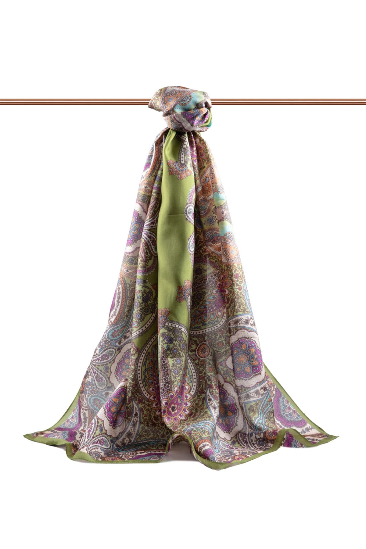 100% İpek Etro Desenli Haki Renkli 92x210 Şal