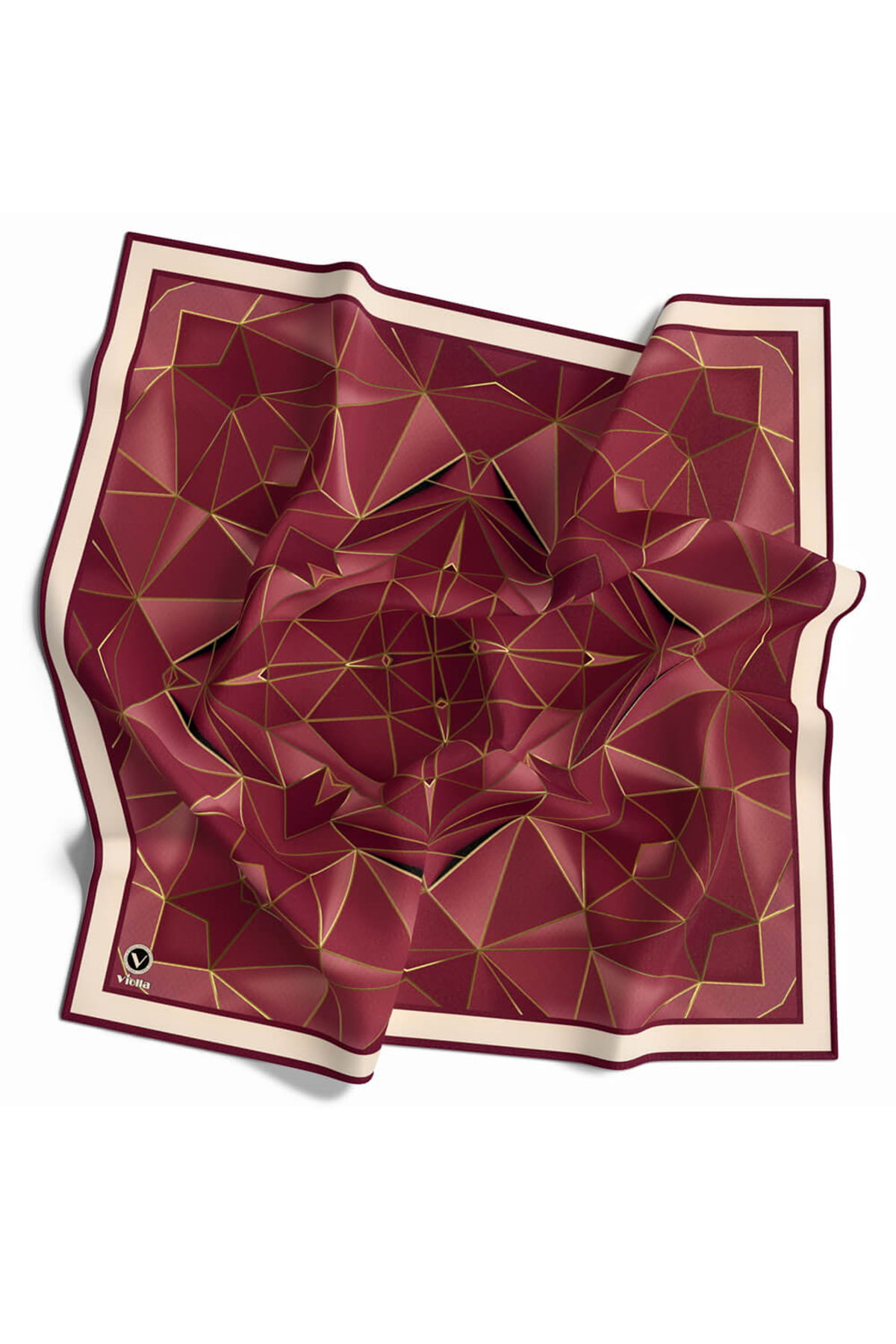 Twill Geometrik Desenli Mürdüm Renkli 90x90 Eşarp (İpek İçermez) Kenar Dikiş Şekli El Dikişli