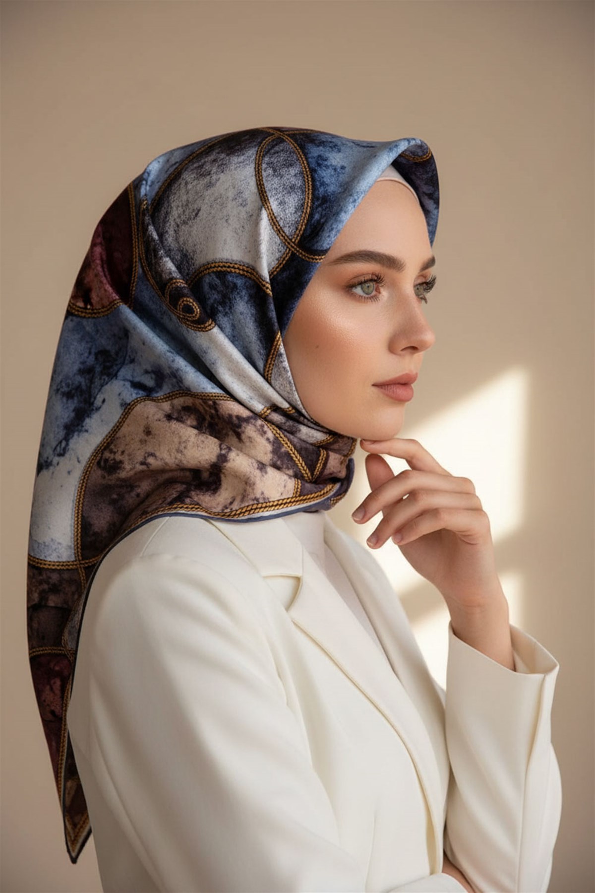 % 57 İPEK % 43 VİSKON Twill İpek Zincirli Mermer Desenli Bebe Mavisi - Pudra Renkli 90x90 Eşarp Dikim Şekli : El Dikişi