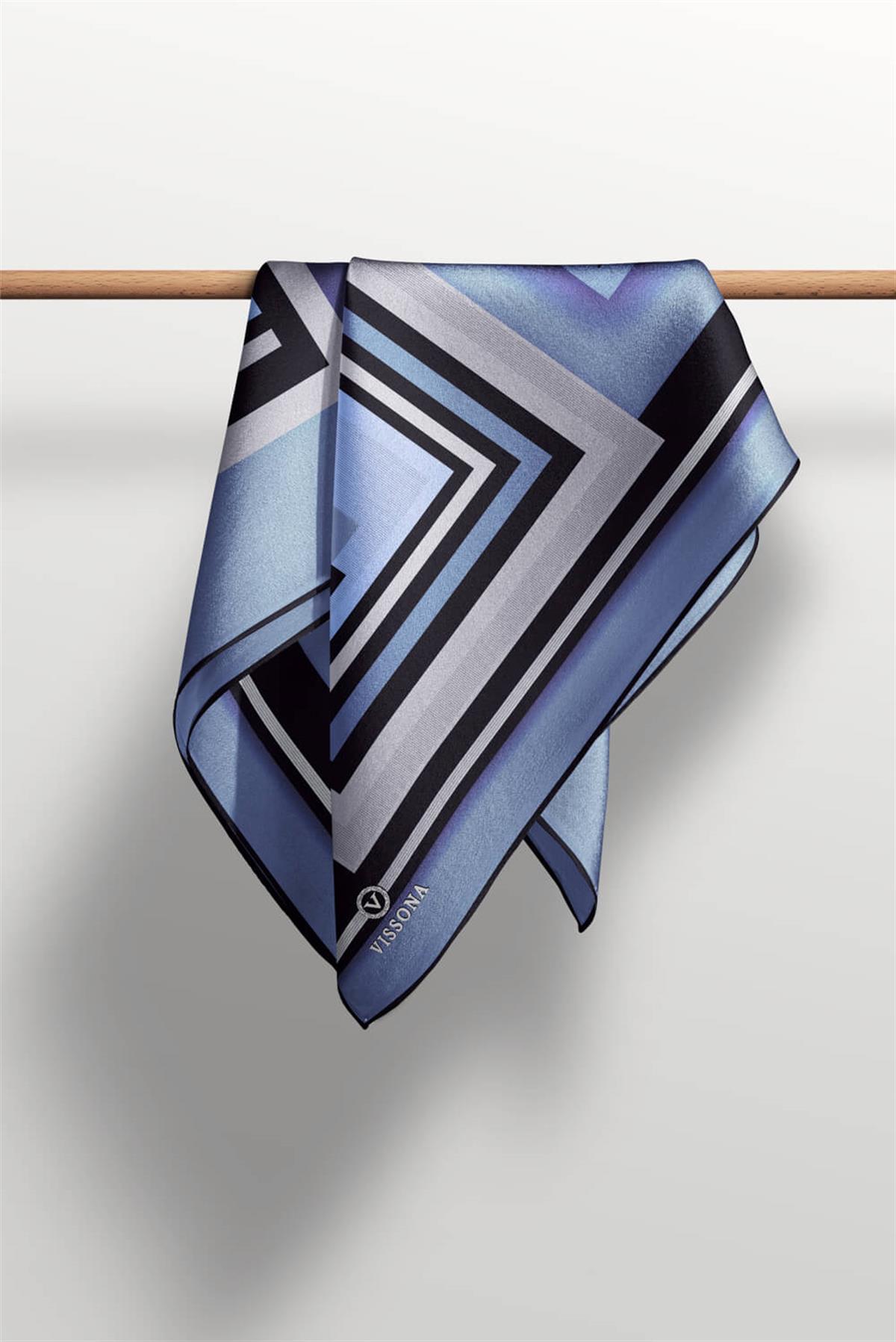 %100 Twill İpek Kare Desenli İndigo - Gri Renkli 90x90 Eşarp Kenar Dikiş Şekli El Dikişli